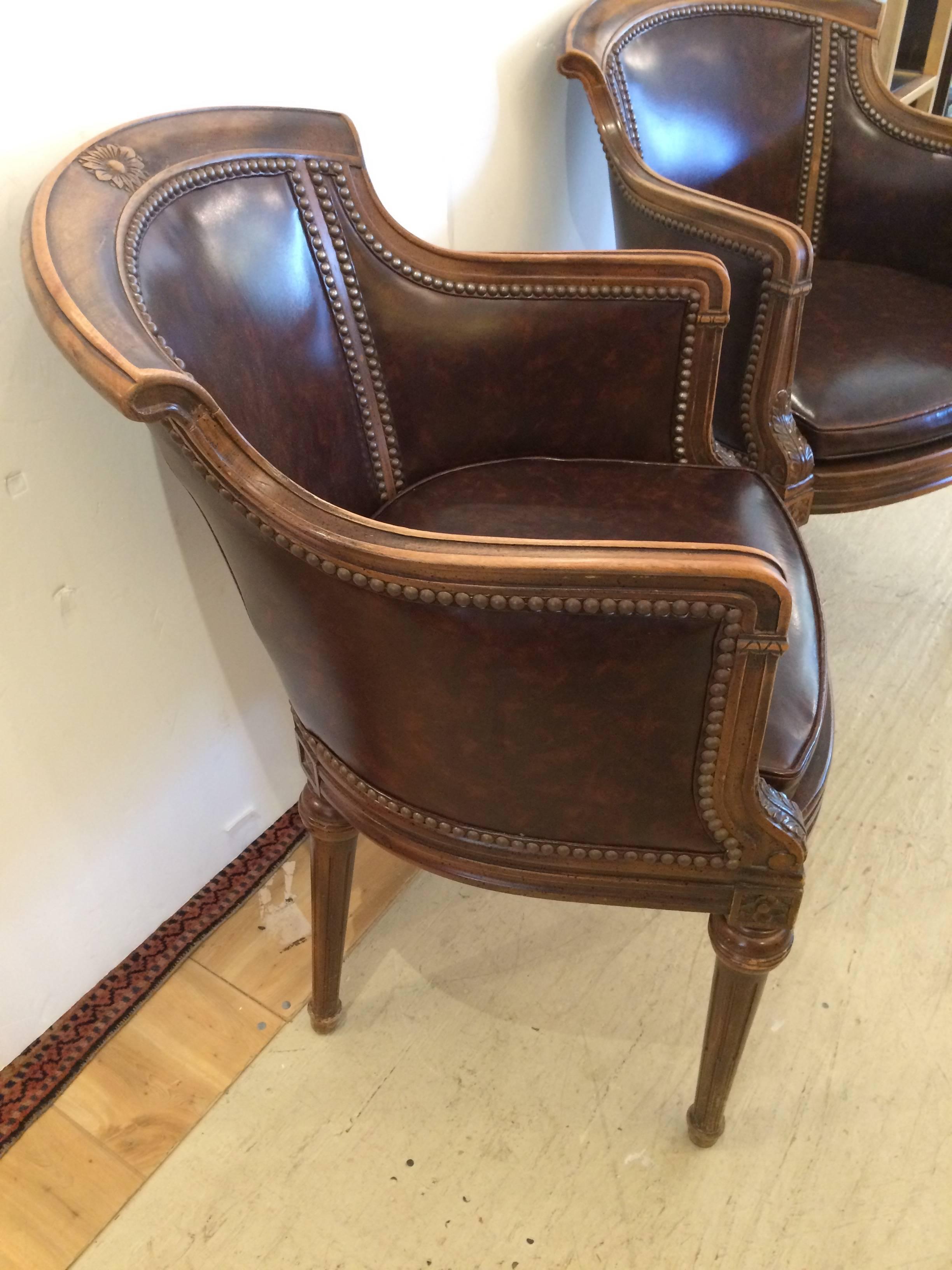 Handsome Pair of Regency Style Walnut and Tortoise Leather Club Lounge Chairs 4