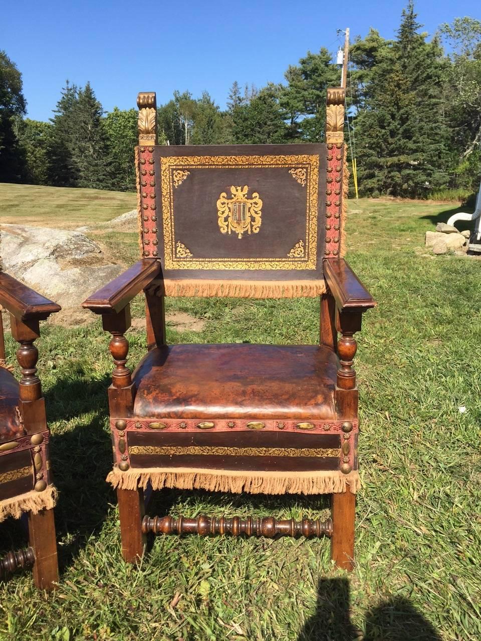 Super Dramatic Pair of Antique French Leather and Walnut Throne Chairs In Excellent Condition In Hopewell, NJ