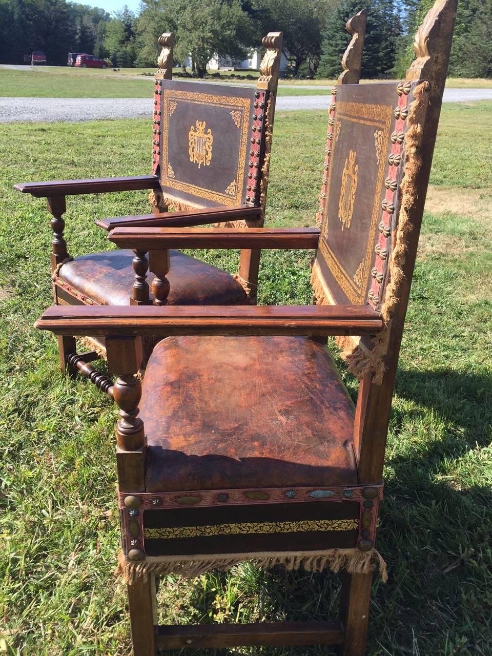 Super Dramatic Pair of Antique French Leather and Walnut Throne Chairs 1