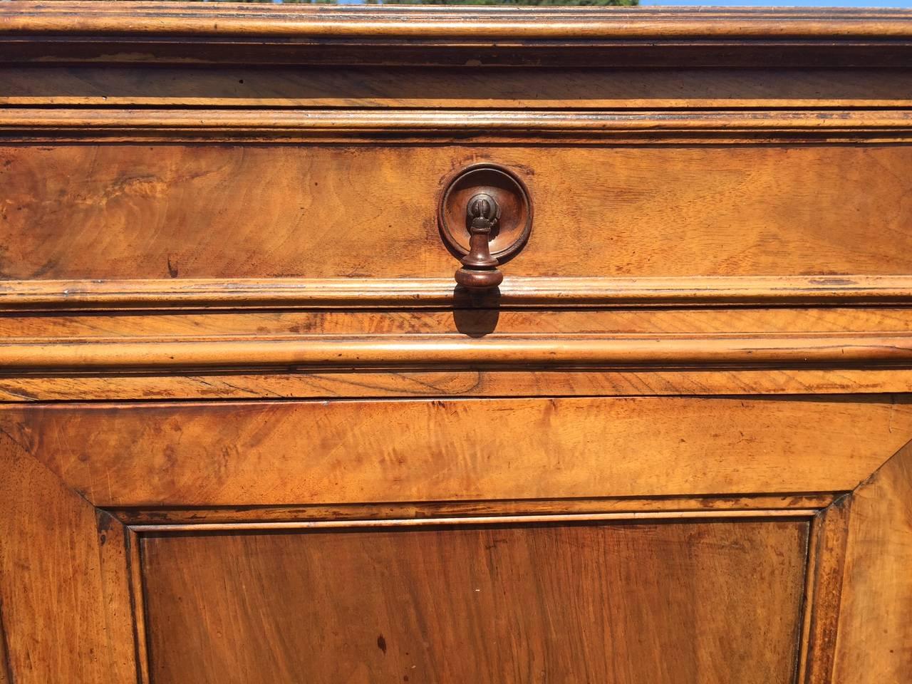 Early 19th century Italian solid walnut buffet bought in Arezzo, Italy, having beautiful hand carved drawers on top of panel doors with storage inside.
It is French Restoration style from about 1840.