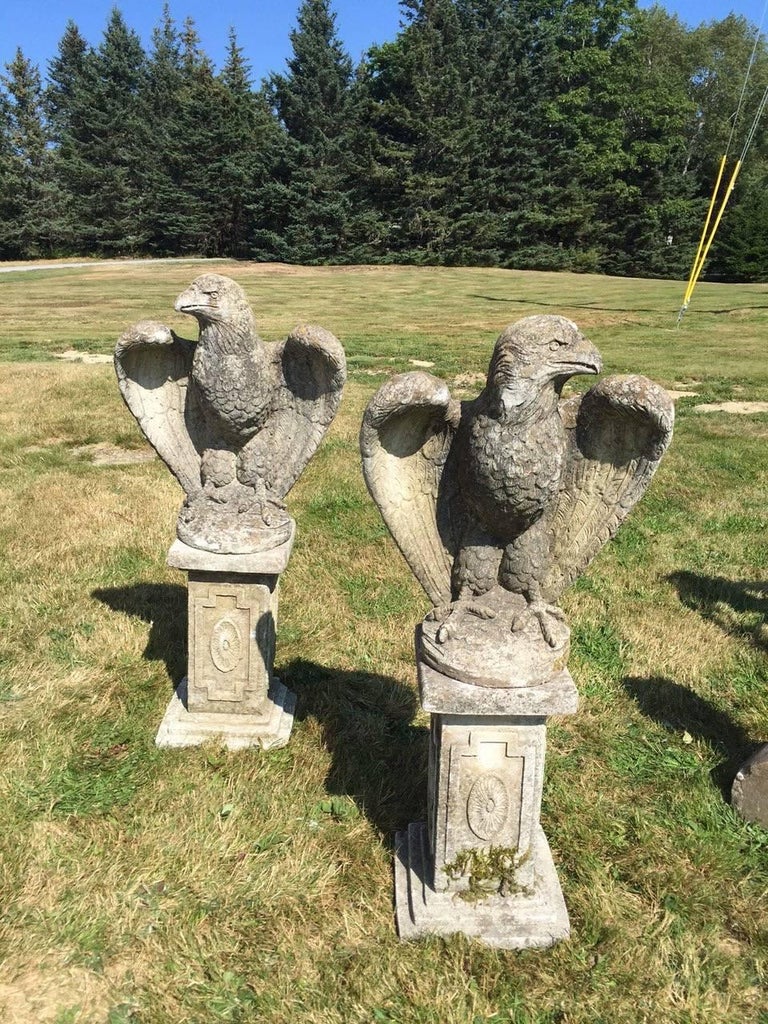 Impressive Pair of Cement Eagles on Pedestals at 1stDibs