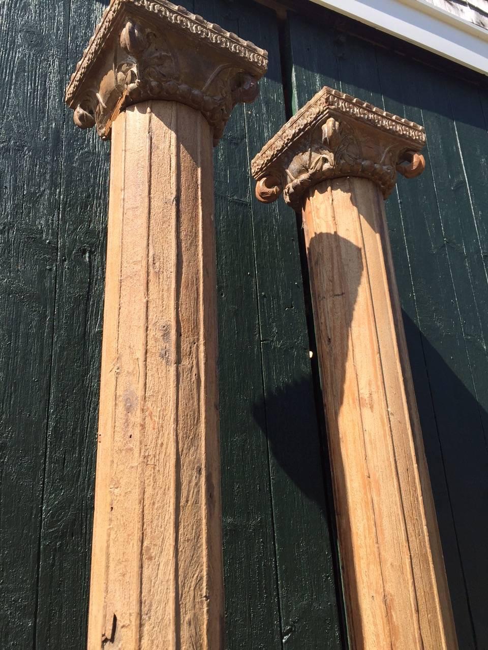 Monumental Solid Wood Carved Columns with Stone Bases In Good Condition In Hopewell, NJ
