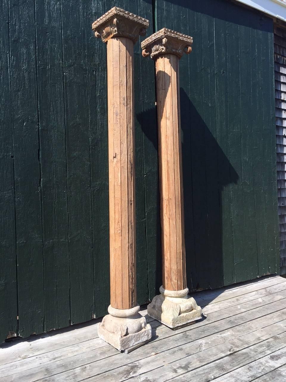 Neoclassical Monumental Solid Wood Carved Columns with Stone Bases