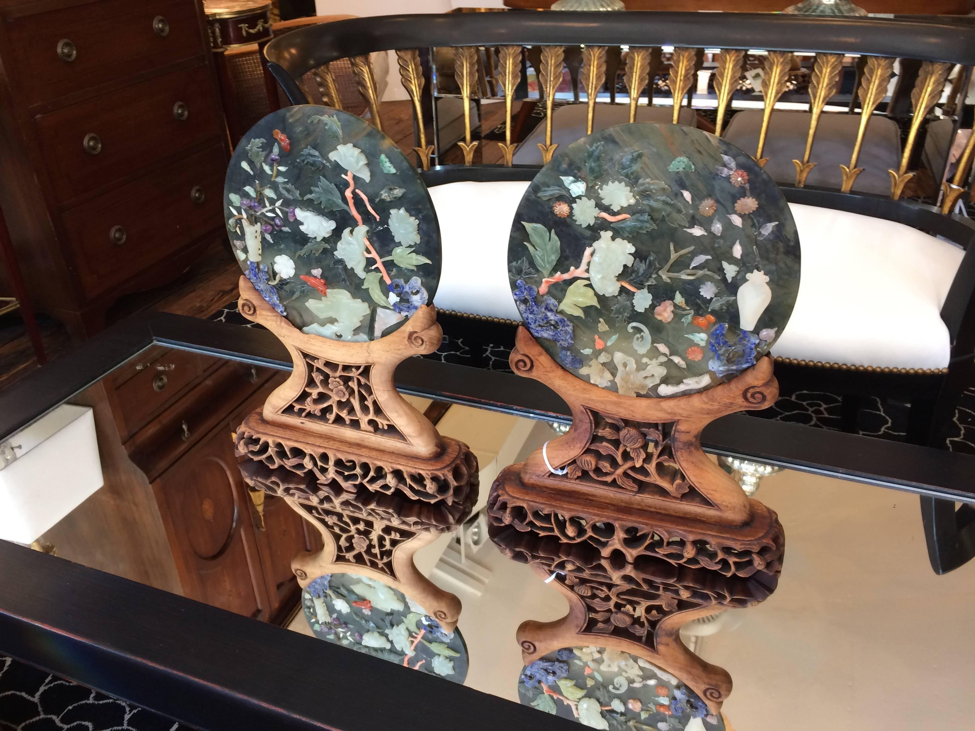 Chinese Sublime Pair of Asian Serpentine Discs on Custom Carved Wood Stands