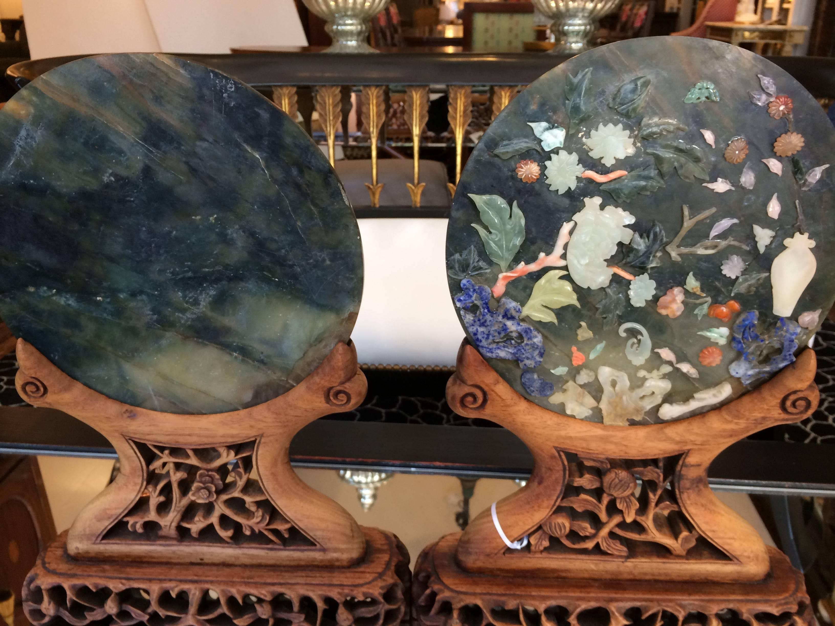 Sublime Pair of Asian Serpentine Discs on Custom Carved Wood Stands In Excellent Condition In Hopewell, NJ
