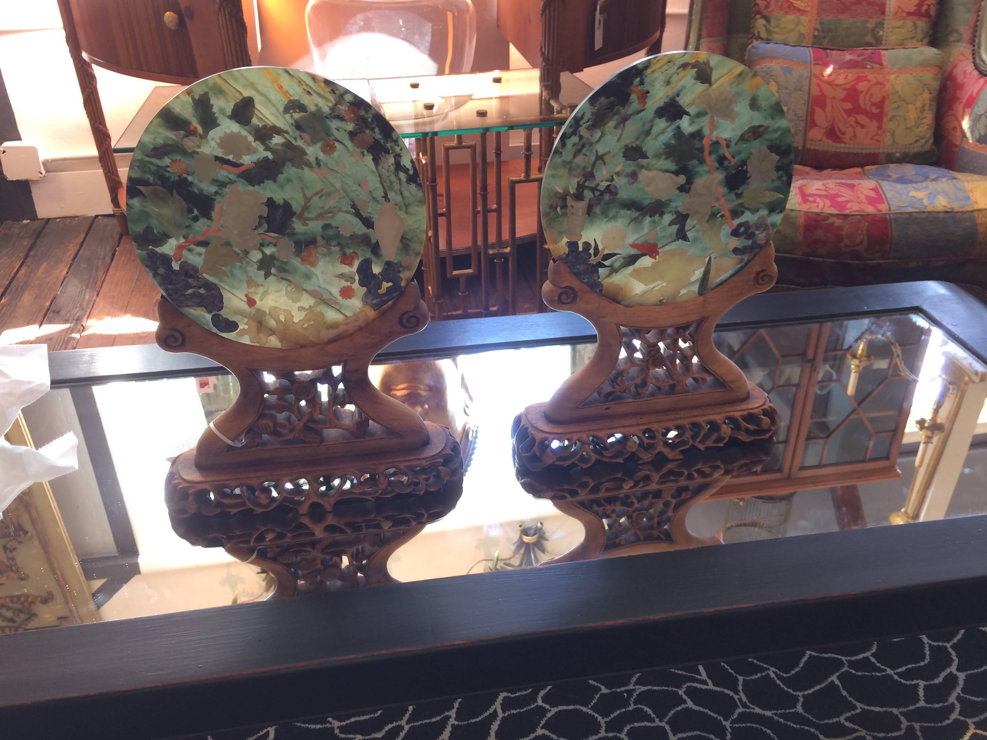 Jade Sublime Pair of Asian Serpentine Discs on Custom Carved Wood Stands