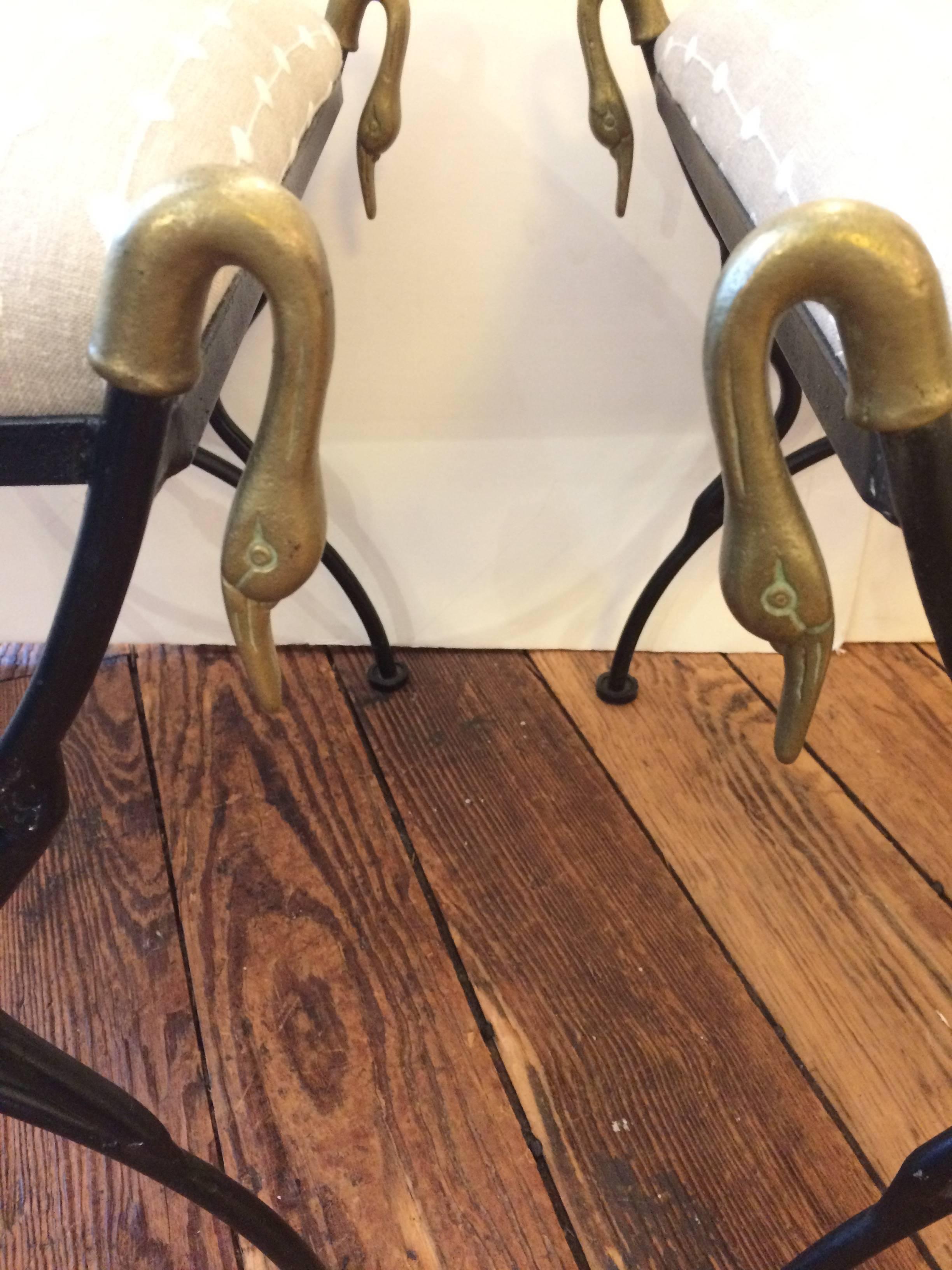 American Pair of Iron and Brass Swan Motife Bench Ottomans