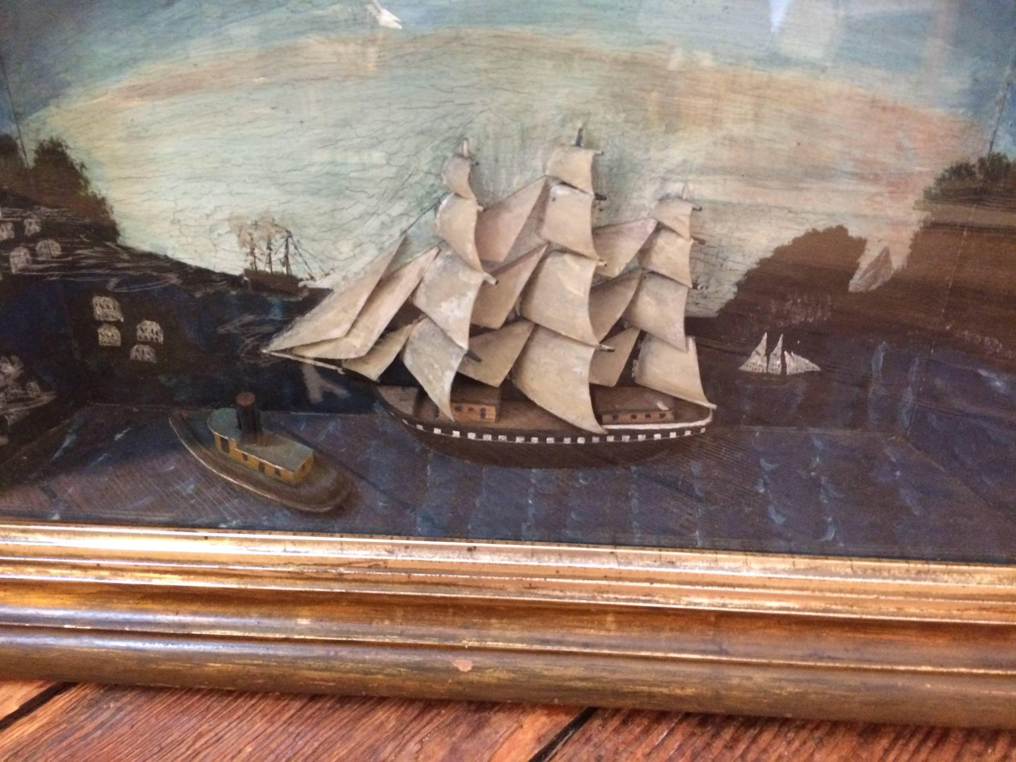 Incredibly crafted handmade antique diorama of a sailing vessel, very 3 D with other boats in the foreground and a graveyard and other details painted in the background. Original old glass with some minor bubbles, and original wooden box frame