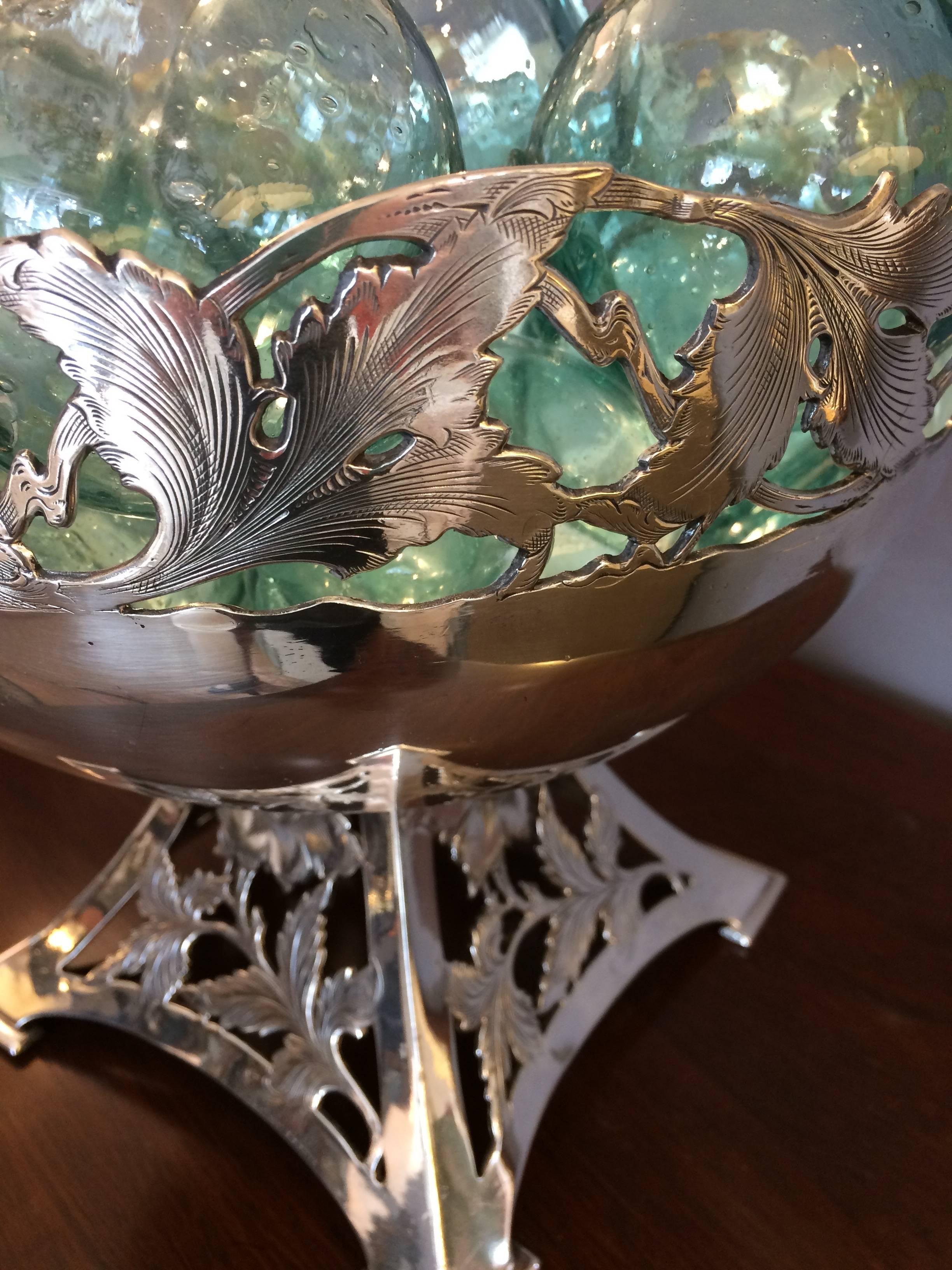 Beautiful Silver Plate Vintage Compote with Aqua Floats For Sale 1