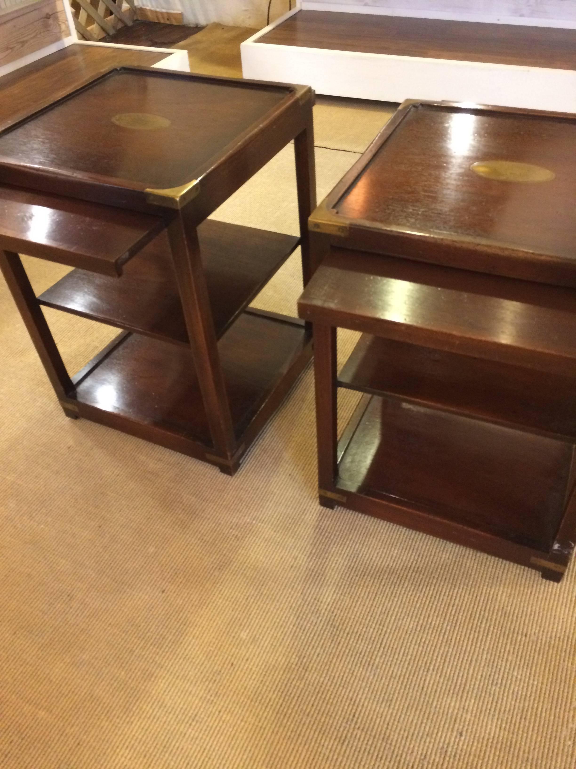 Mid-20th Century Stunning Pair of Campaign Three-Tier Mahogany and Brass Side End Tables