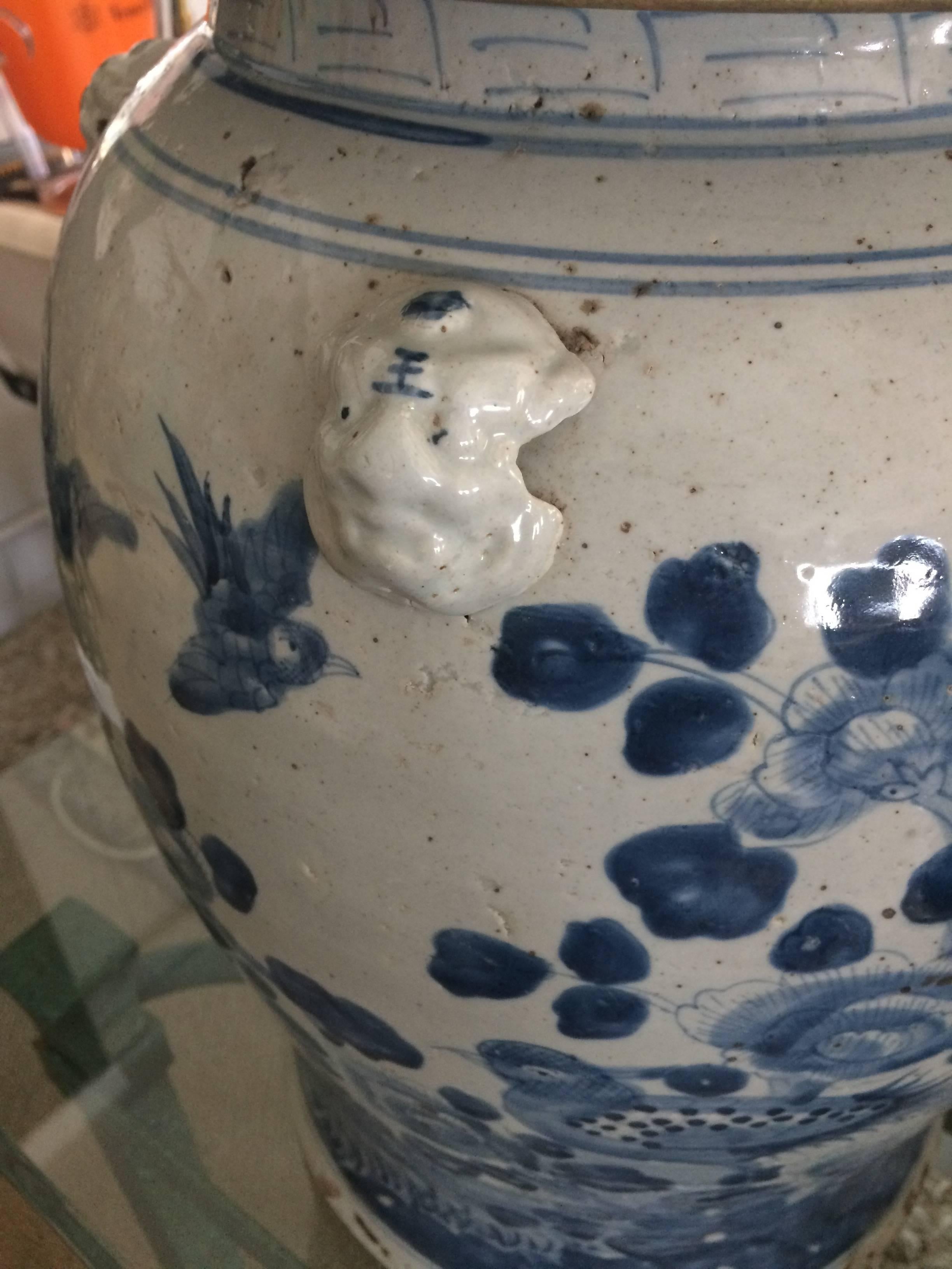 Chinese Export Pair of Large Chinese Blue and White Lidded Urns