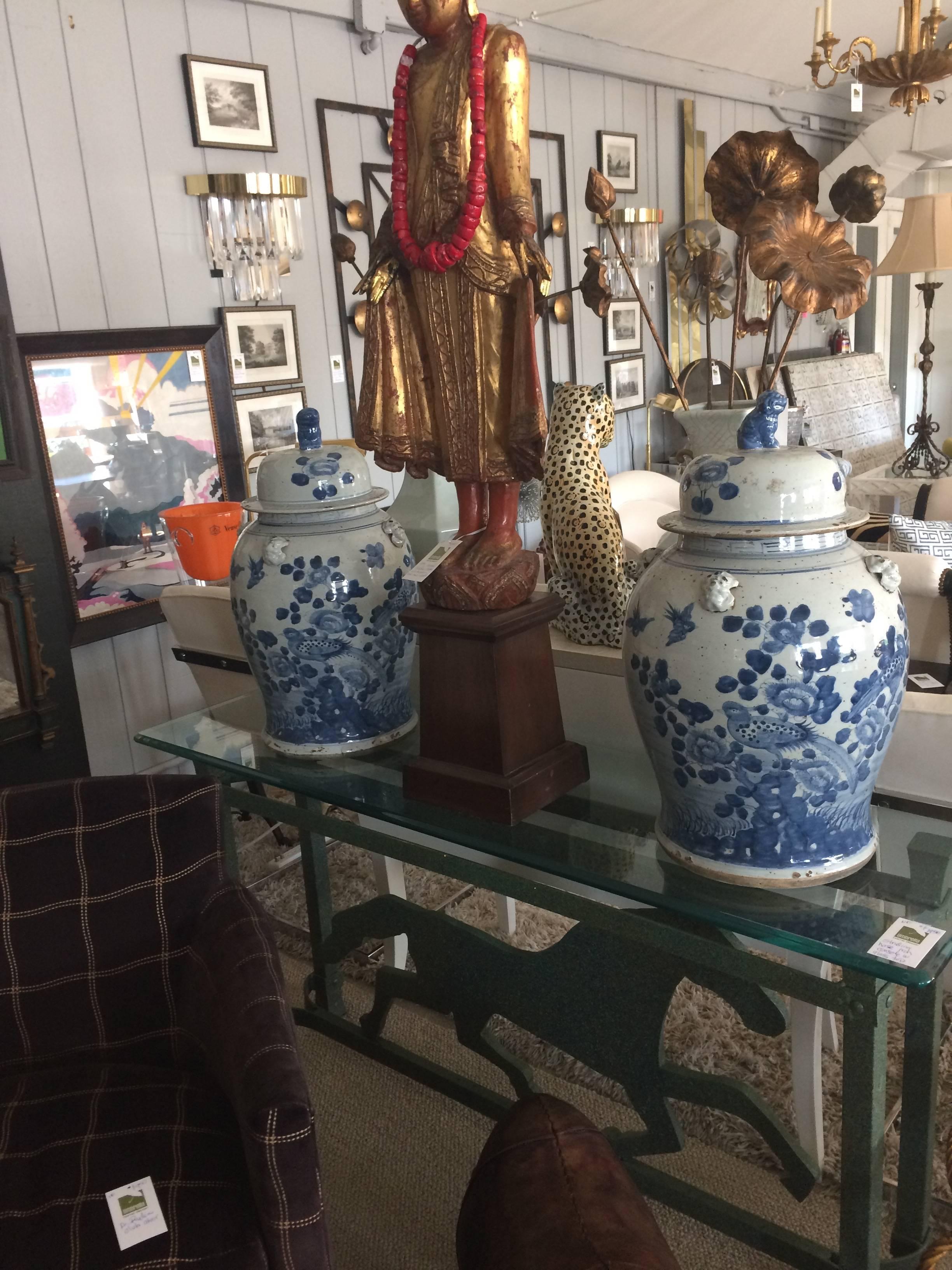 Pair of Large Chinese Blue and White Lidded Urns In Good Condition In Hopewell, NJ