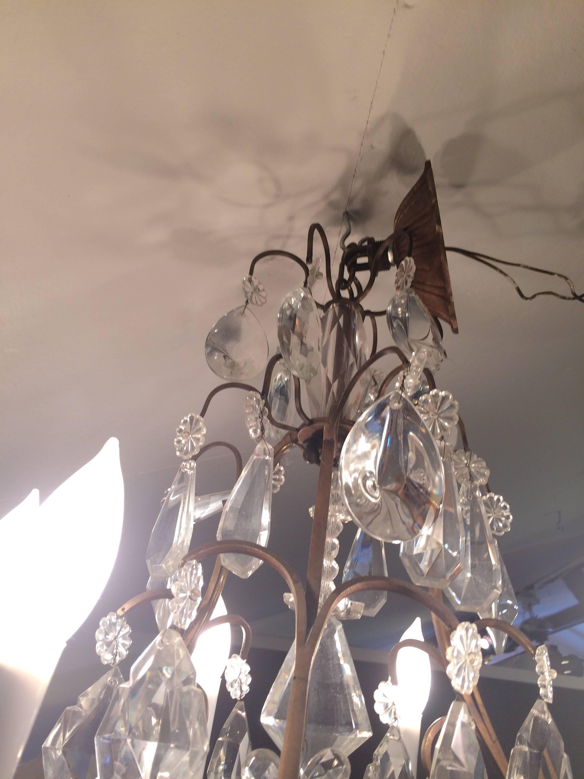Matching Pair of Glitzy French Gilt Metal and Cut Glass Chandeliers For Sale 2