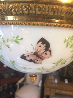 Superb Antique French Butterfly Motife Milk Glass and Brass Light Fixture