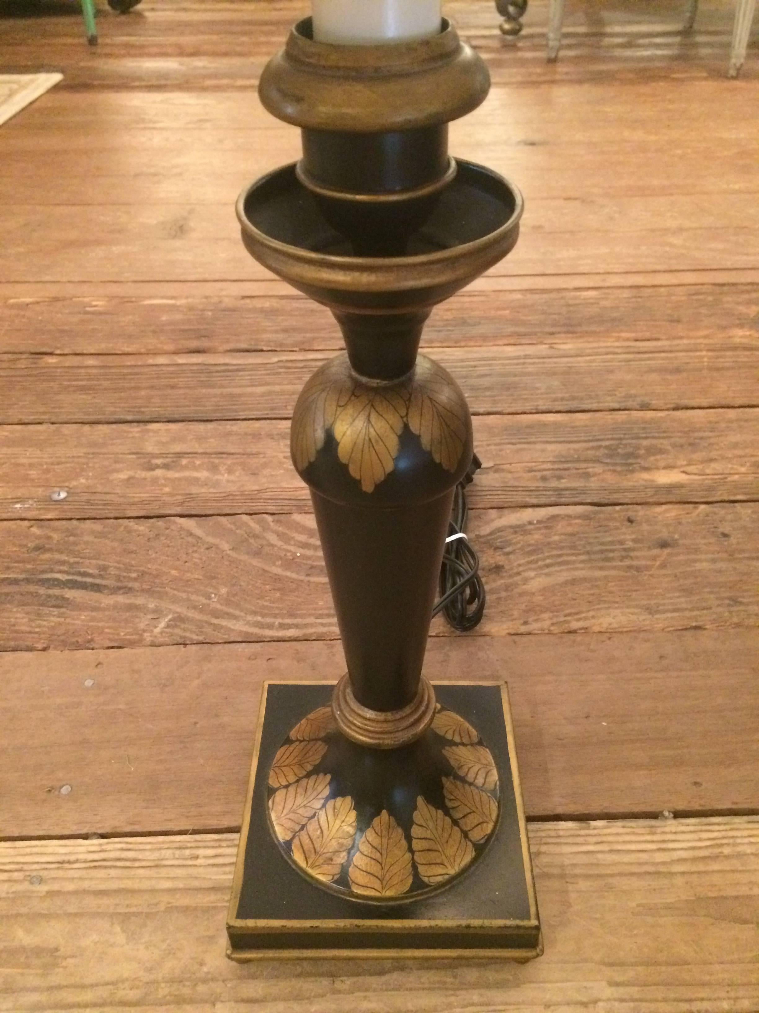 Two elegant matching candlestick shaped black lamps with gold decorative painting. Custom shades, wired and ready to add light and beauty to any room. Base is 5.5 square.