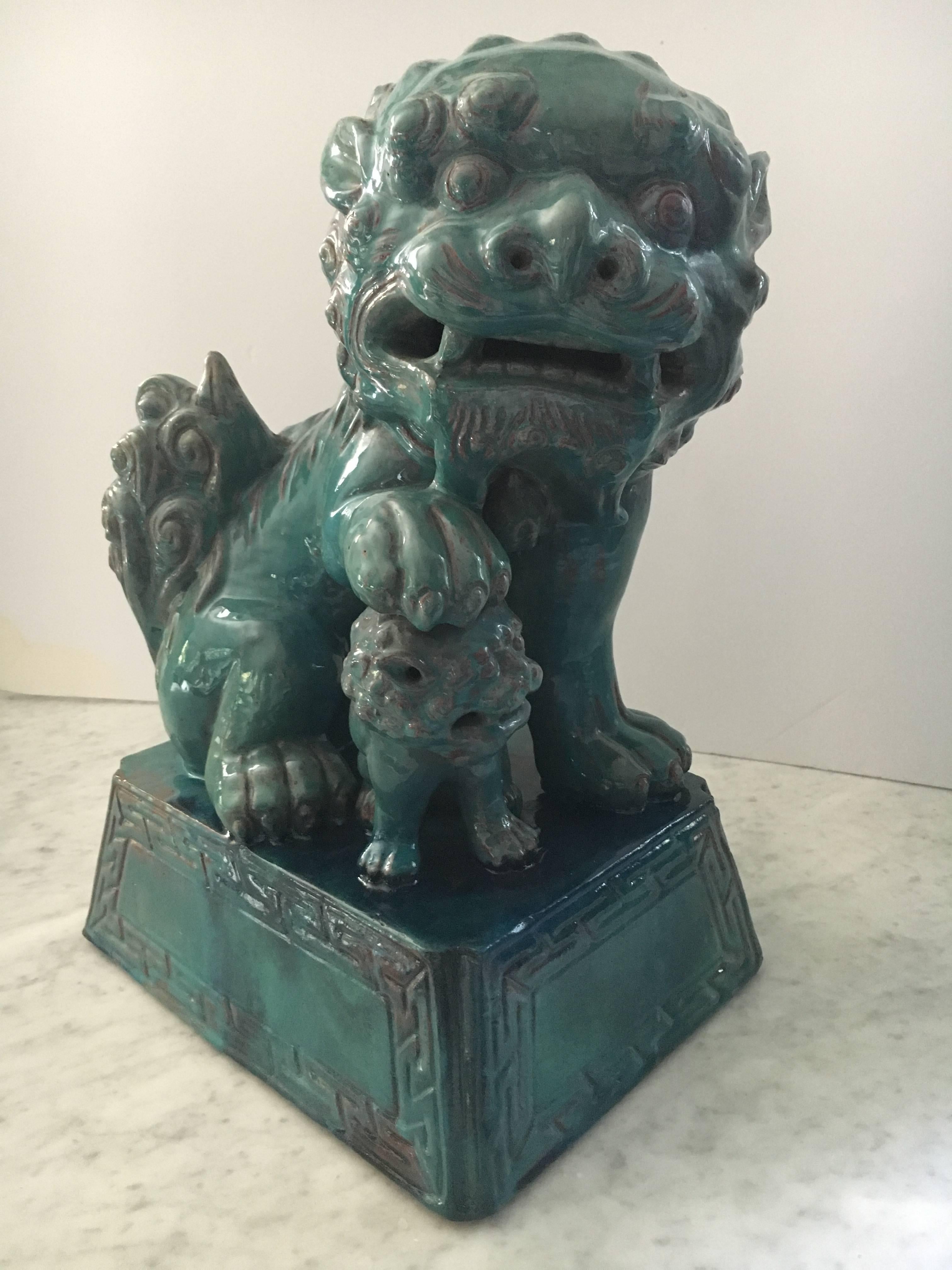 Ceramic Striking Large Pair of Turquoise Chinese Foo Dogs