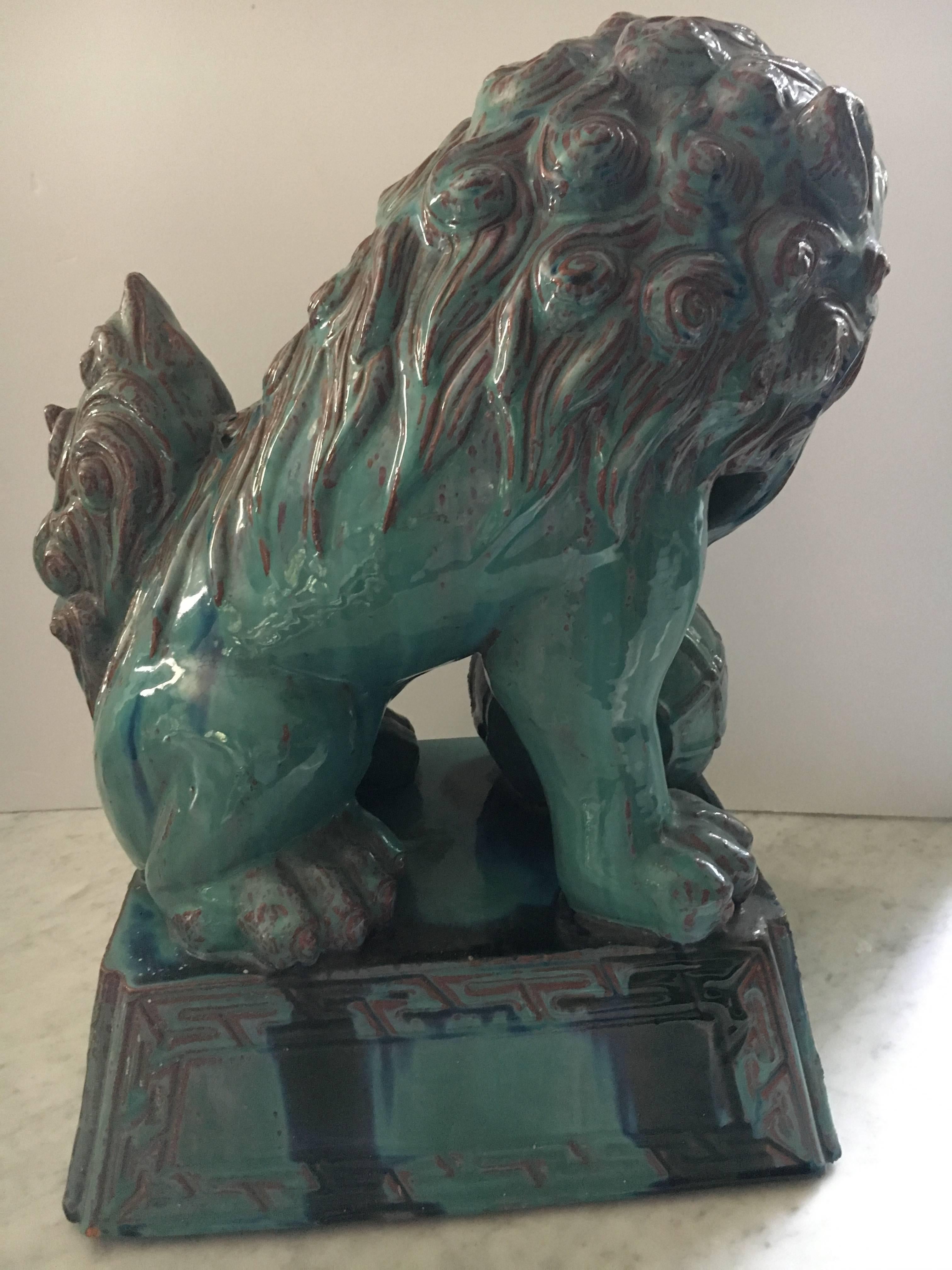 Striking Large Pair of Turquoise Chinese Foo Dogs 1