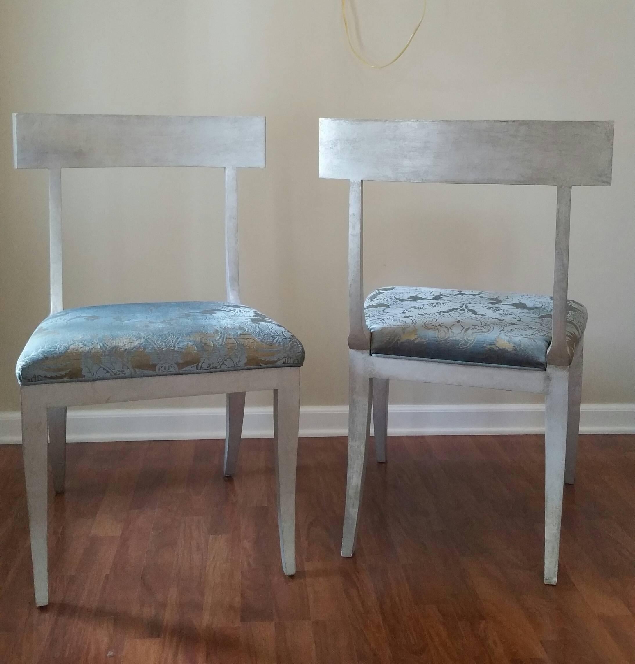 Two stunning Elgin Minor chairs in a Swedish silver leaf finish (painted wood) having custom upholstery that looks like Fortuny or a velvet from Sabina Fay Braxton. Like new.


 