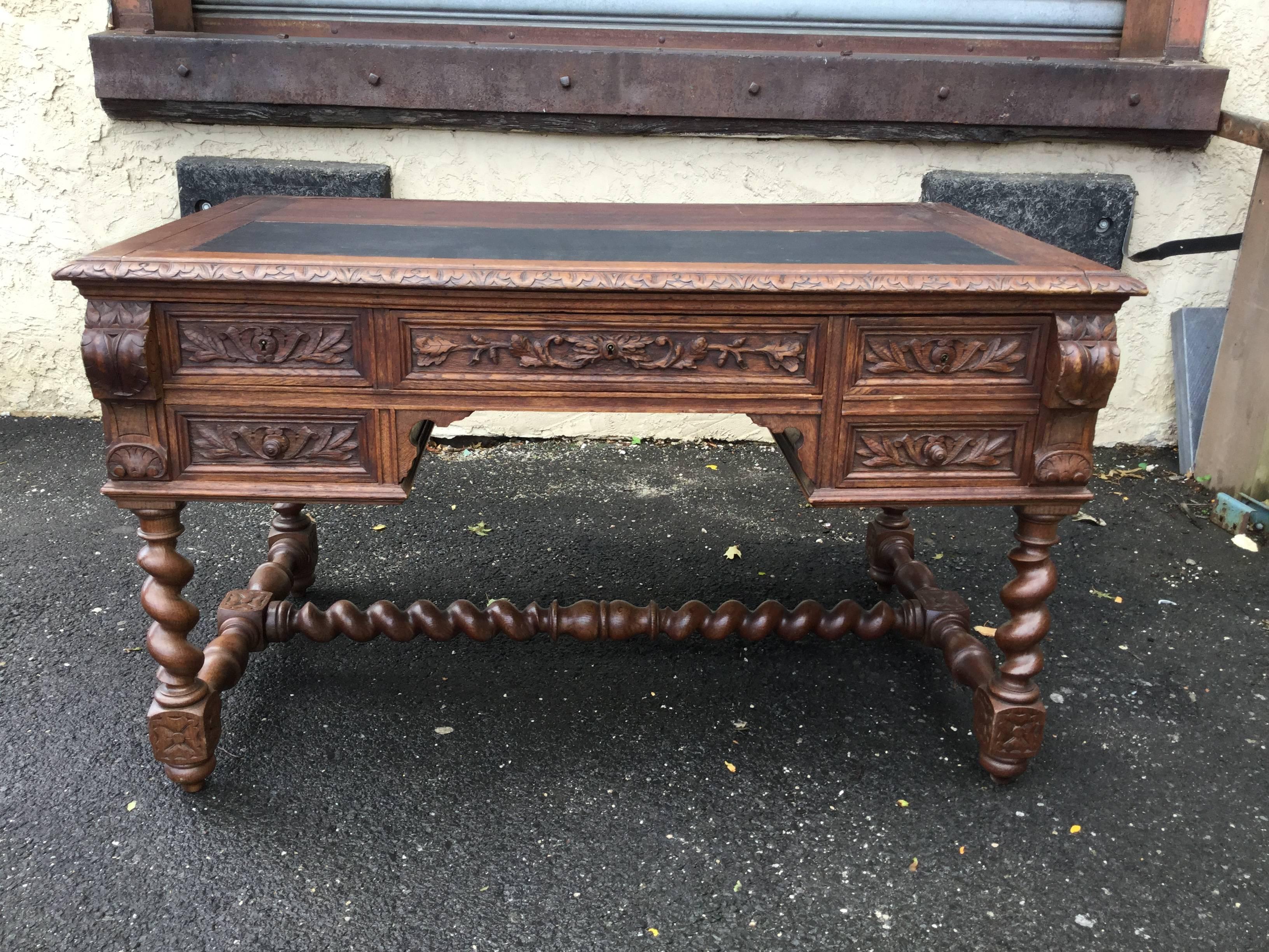 Handsome 19th Century French Carved Walnut and Leather Top Desk In Excellent Condition In Hopewell, NJ
