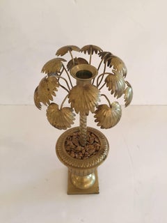 Set of Four Wonderfully Whimsical Potted Palm Tree Brass Candlesticks