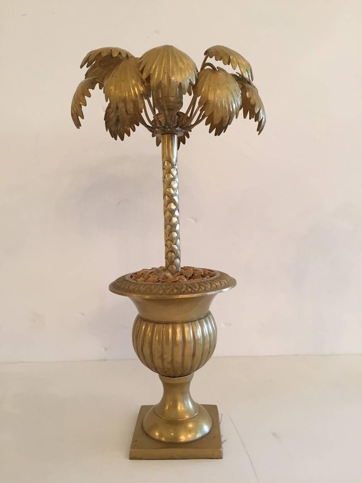 American Set of Four Wonderfully Whimsical Potted Palm Tree Brass Candlesticks