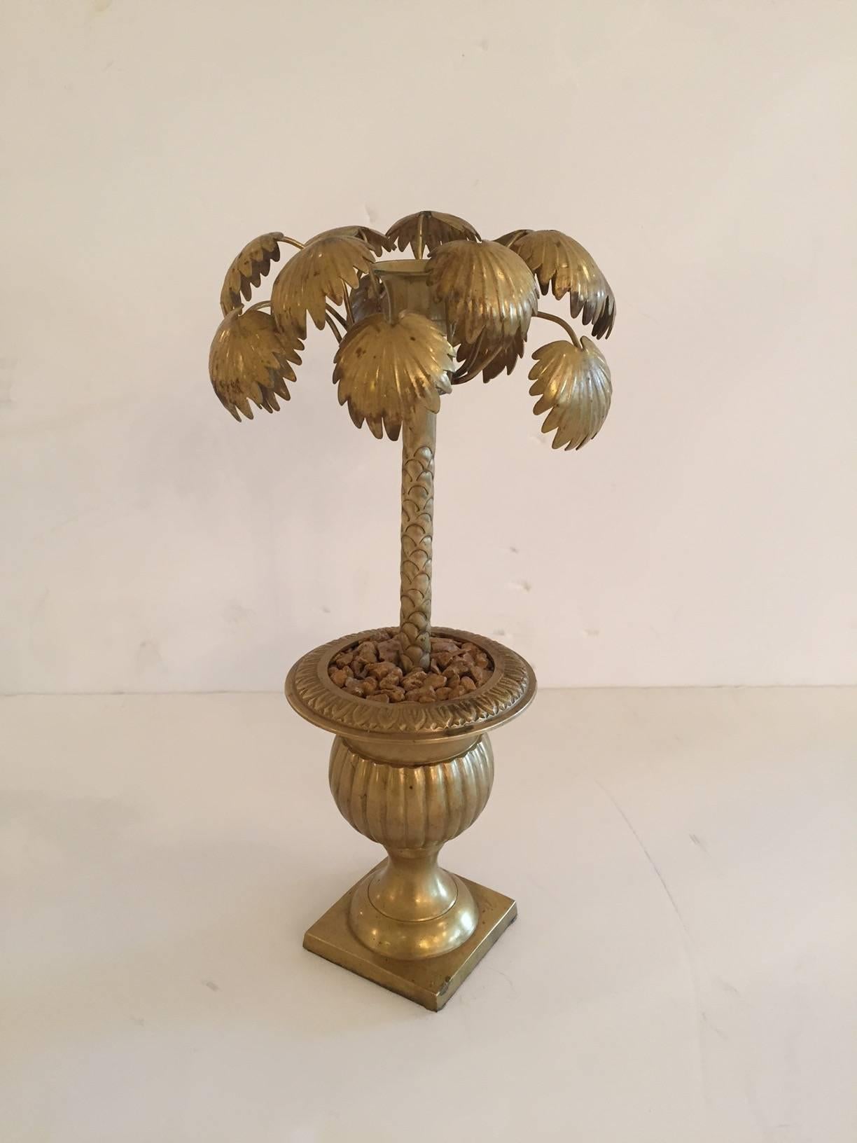 Set of Four Wonderfully Whimsical Potted Palm Tree Brass Candlesticks In Excellent Condition In Hopewell, NJ