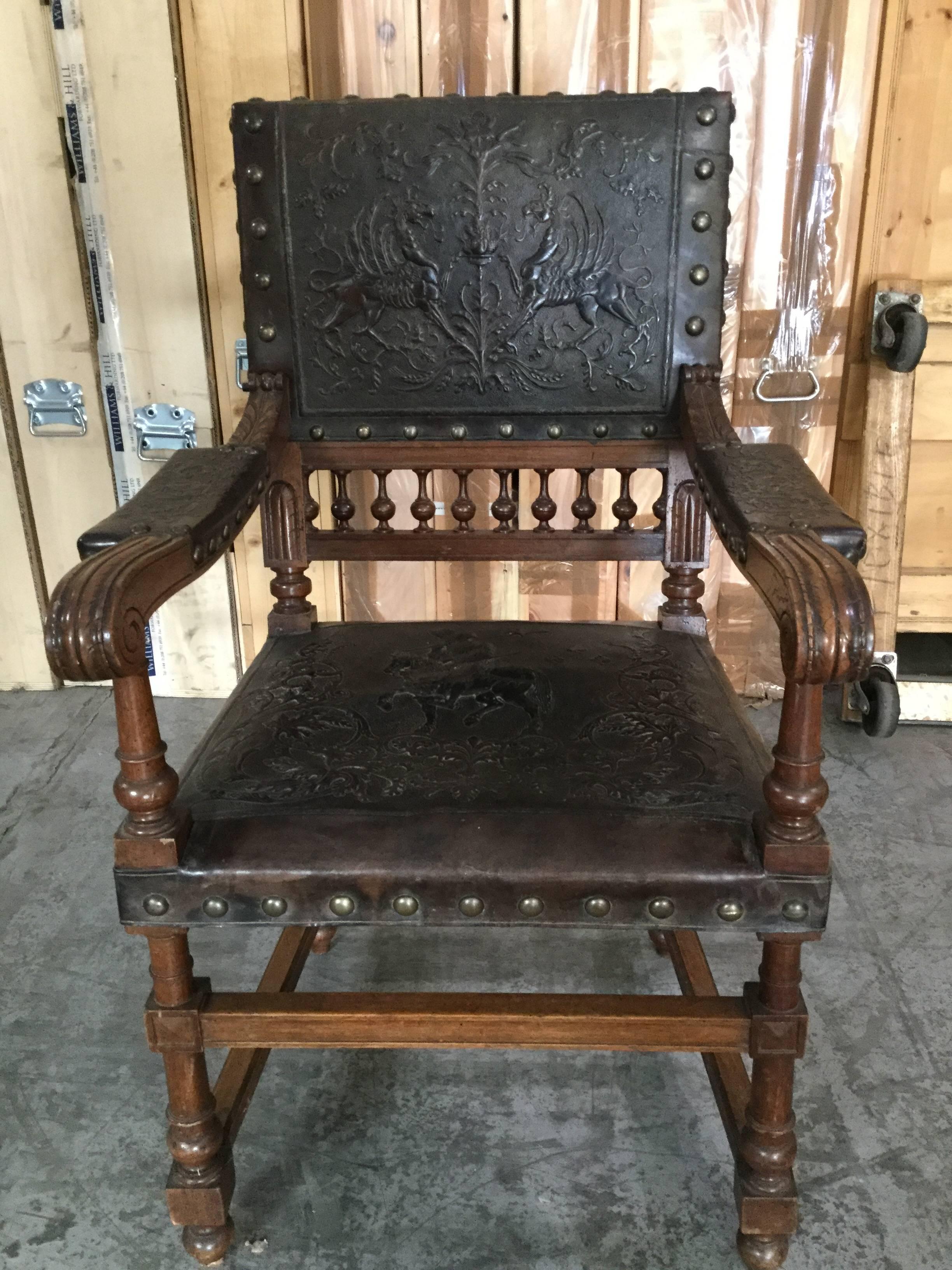 Spanish Turn of the Century Tooled Leather Armchair