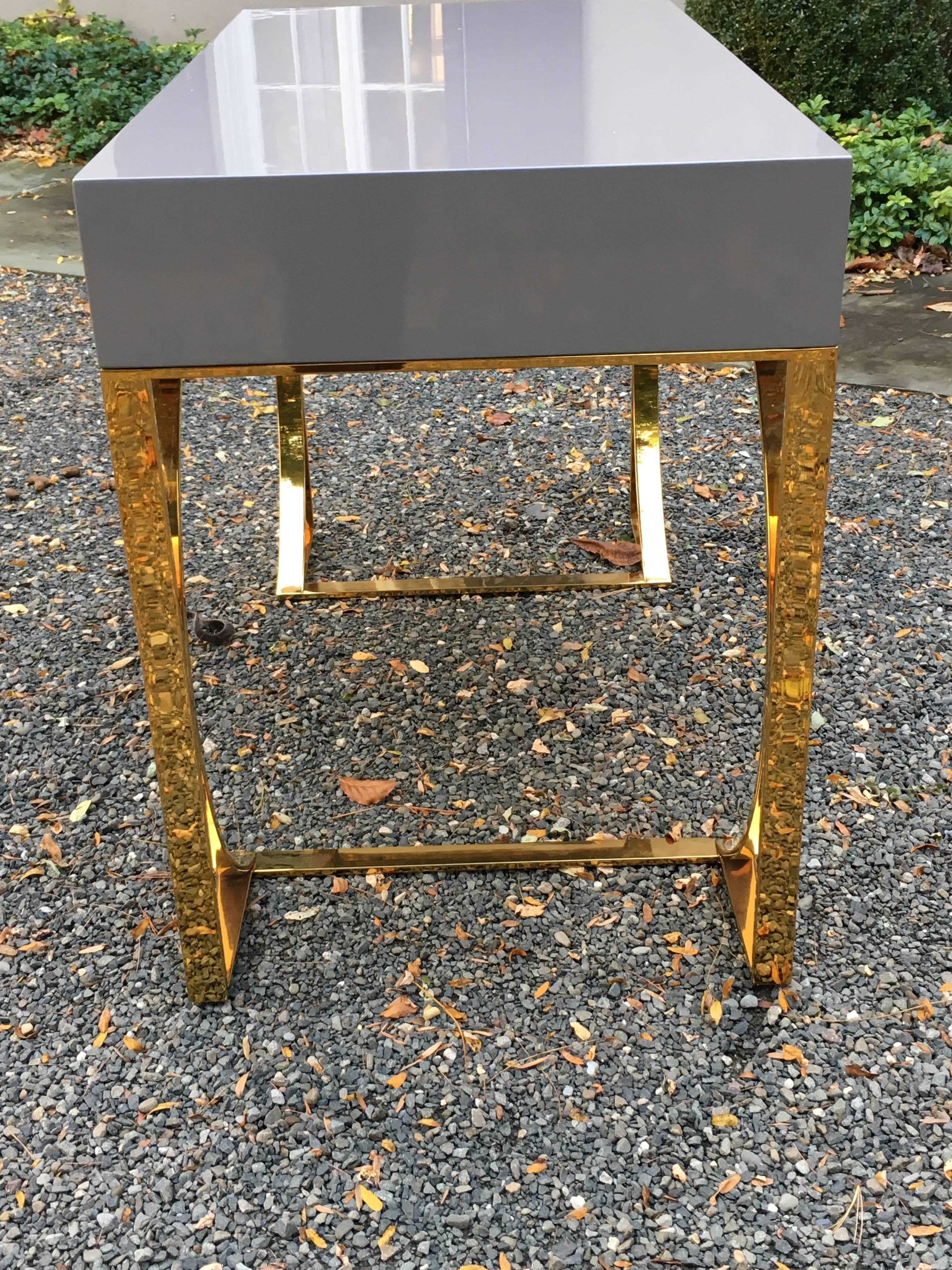 Modern Ultra Sleek Grey Lacquered Desk with Curvy Brass Legs