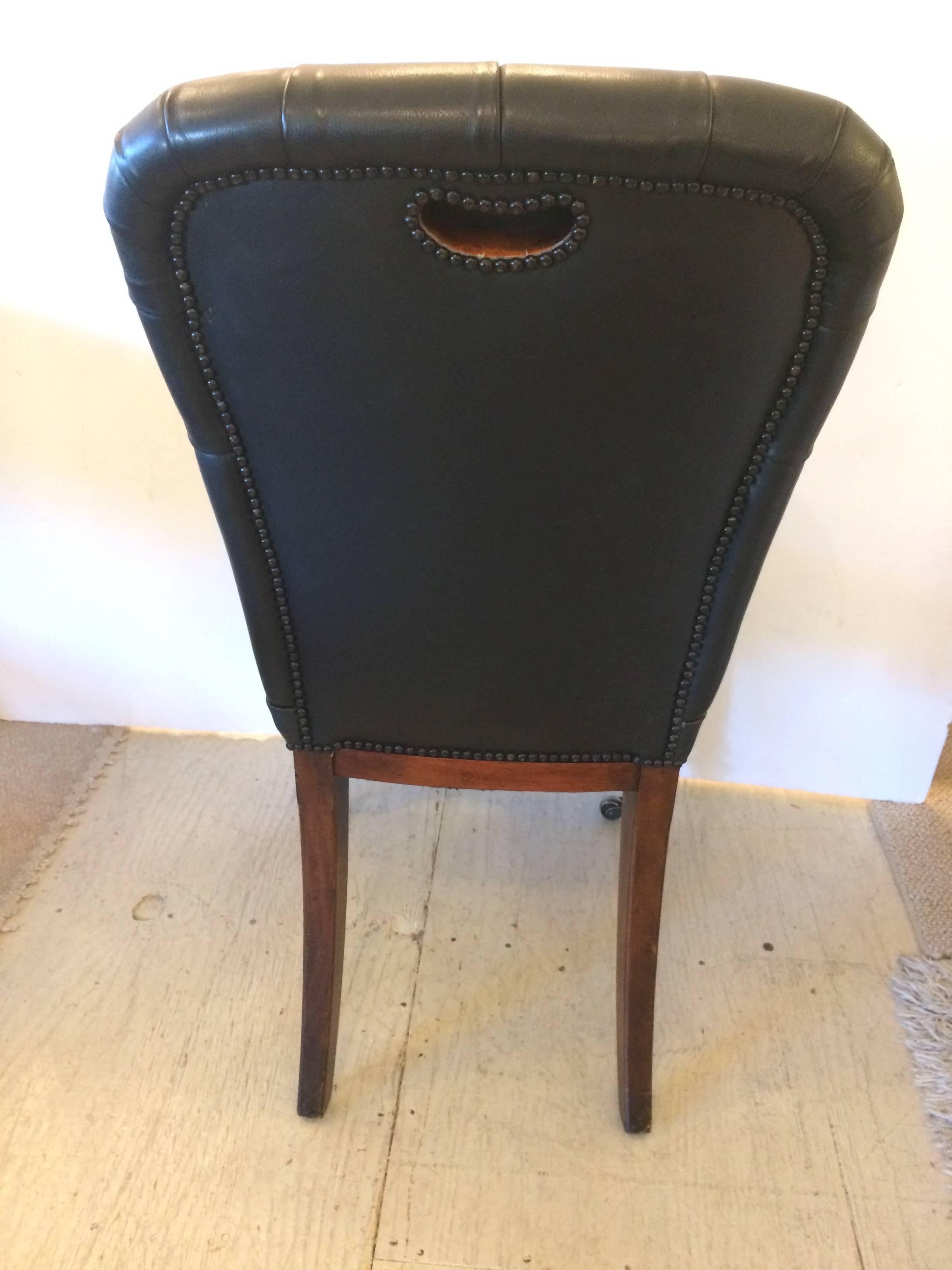 Masculine Pair of Black Tufted Leather and Mahogany Side Chairs 2