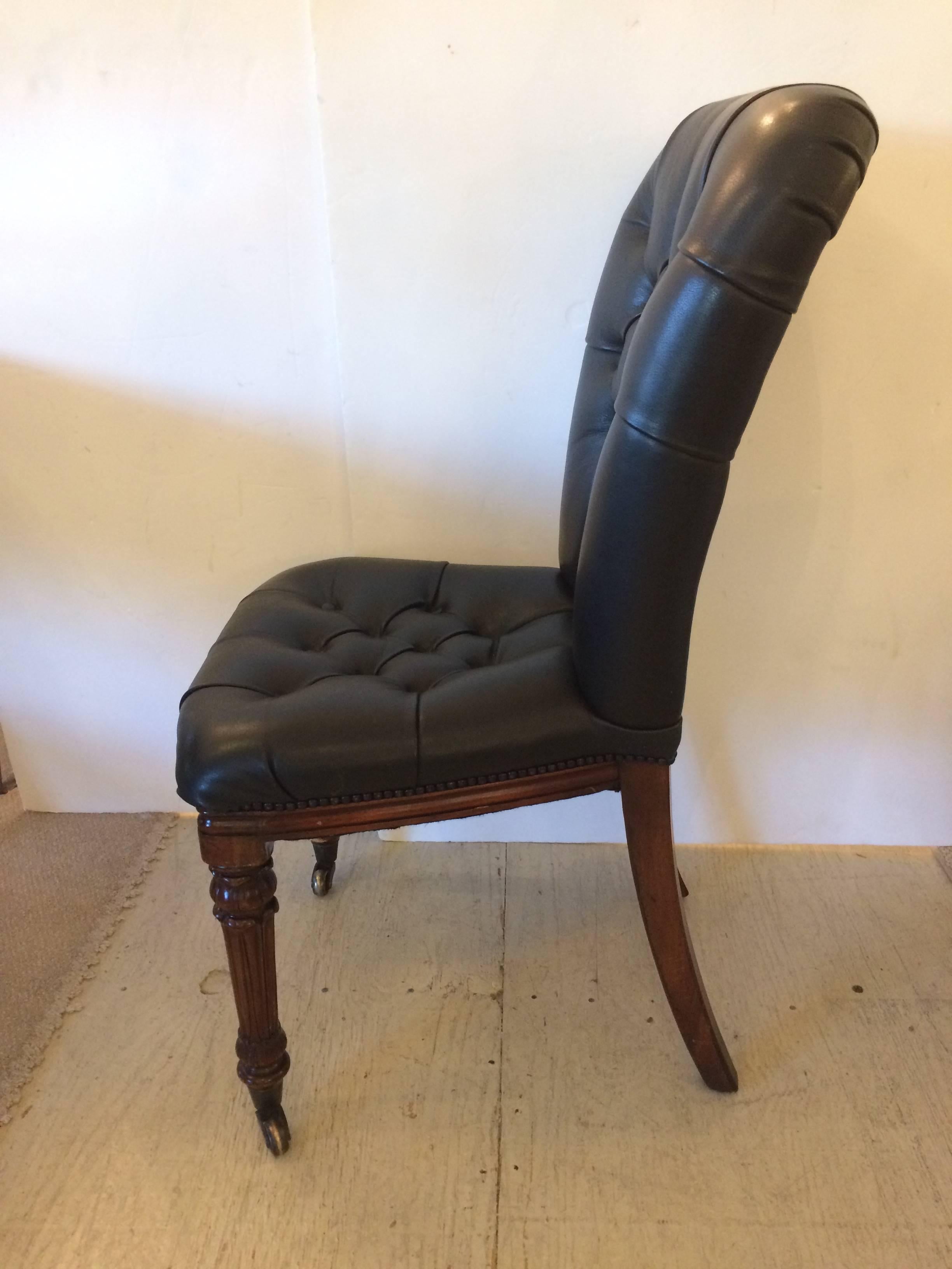 Late 20th Century Masculine Pair of Black Tufted Leather and Mahogany Side Chairs