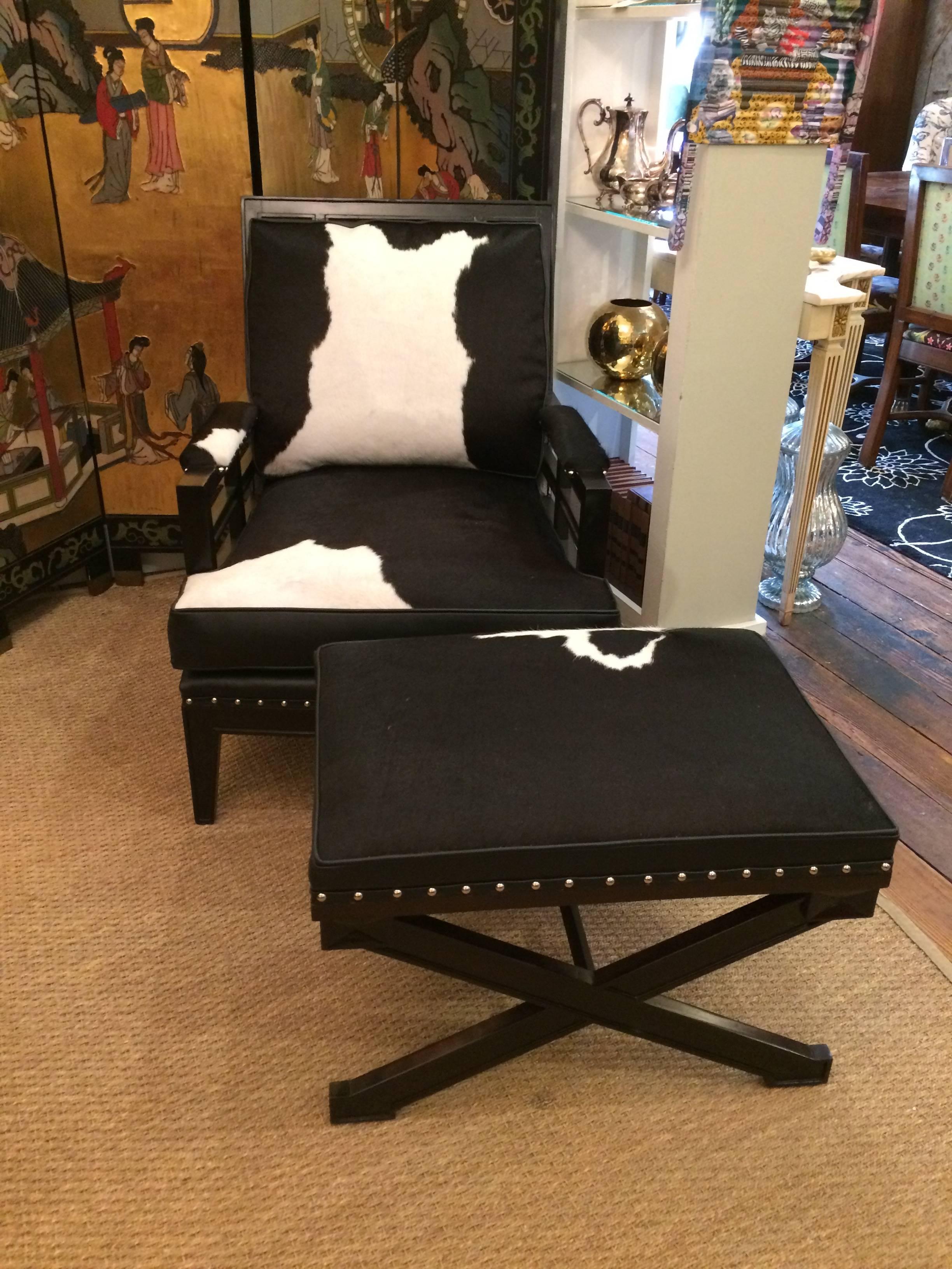 Sexy Black and White Leather Cowhide Club Chair and Ottoman In Excellent Condition In Hopewell, NJ