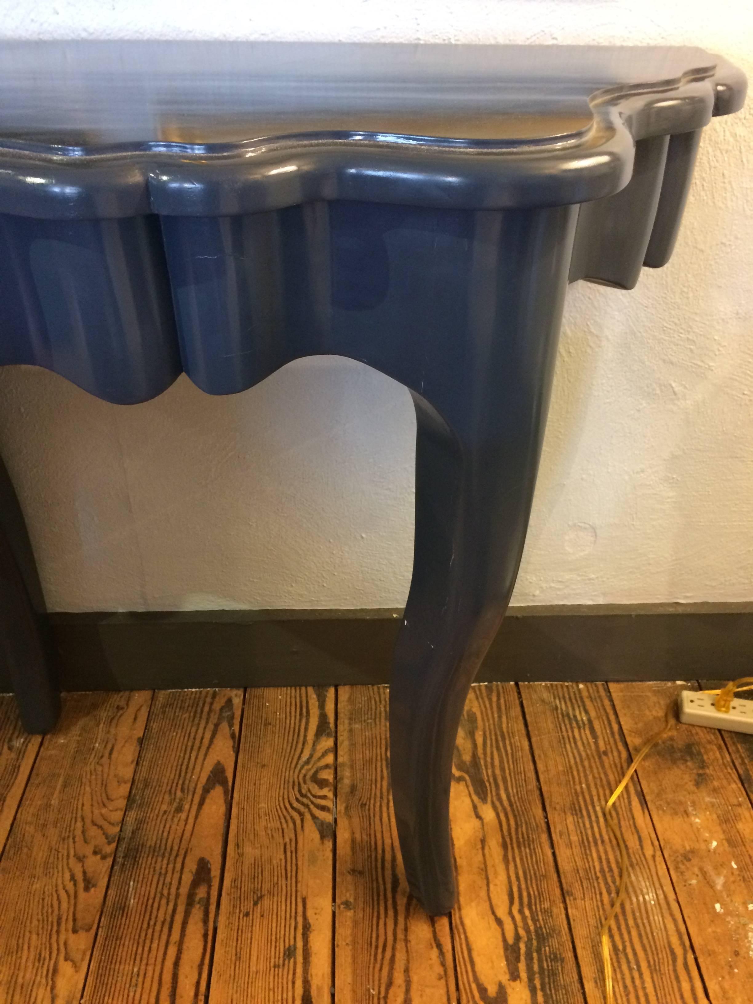 Chic dark grayish blue high gloss laquered console table. Sexy curvy lines and legs.