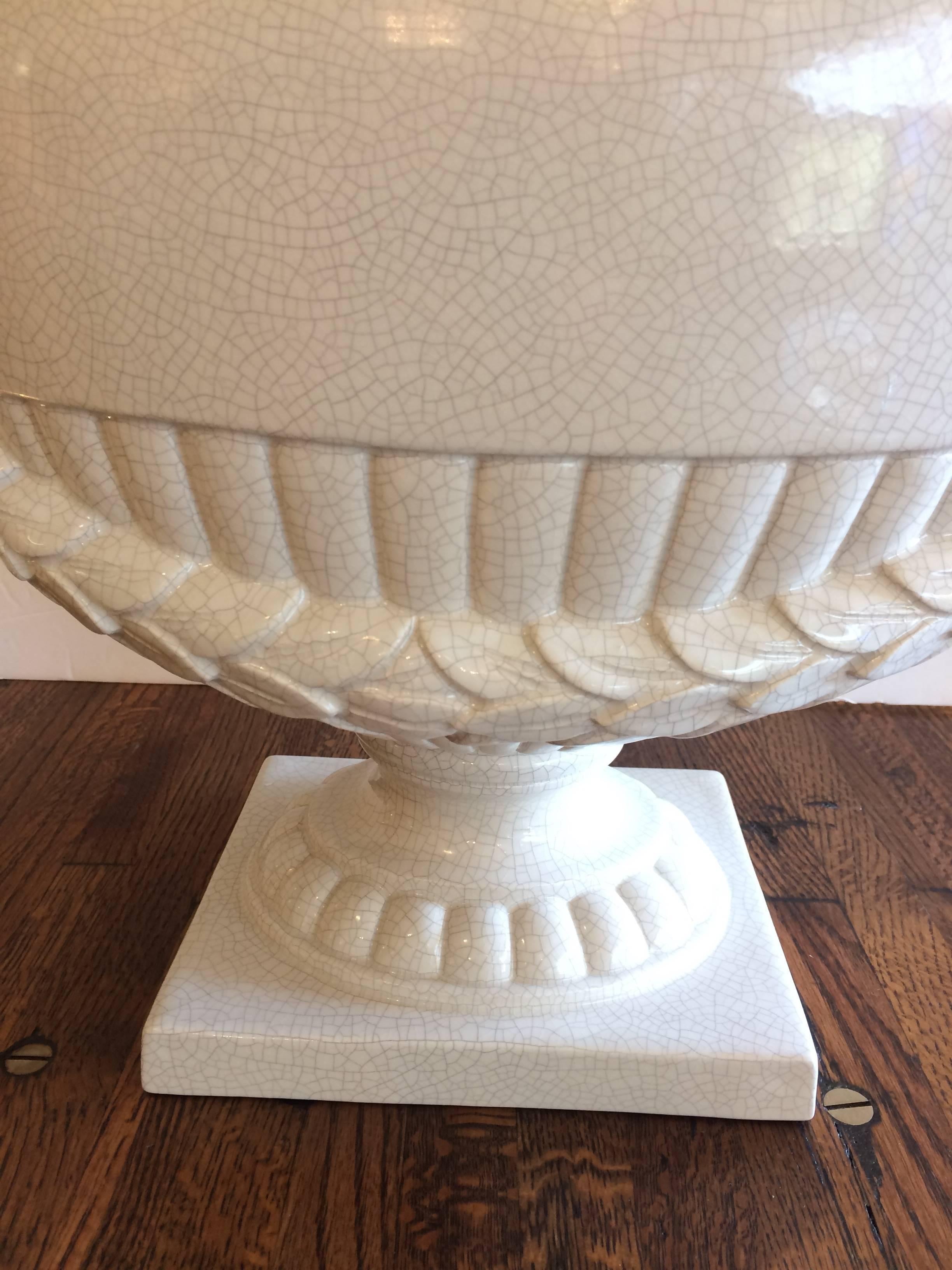 Elegant Pair of Large Neoclassical White Ceramic Lidded Urns 1