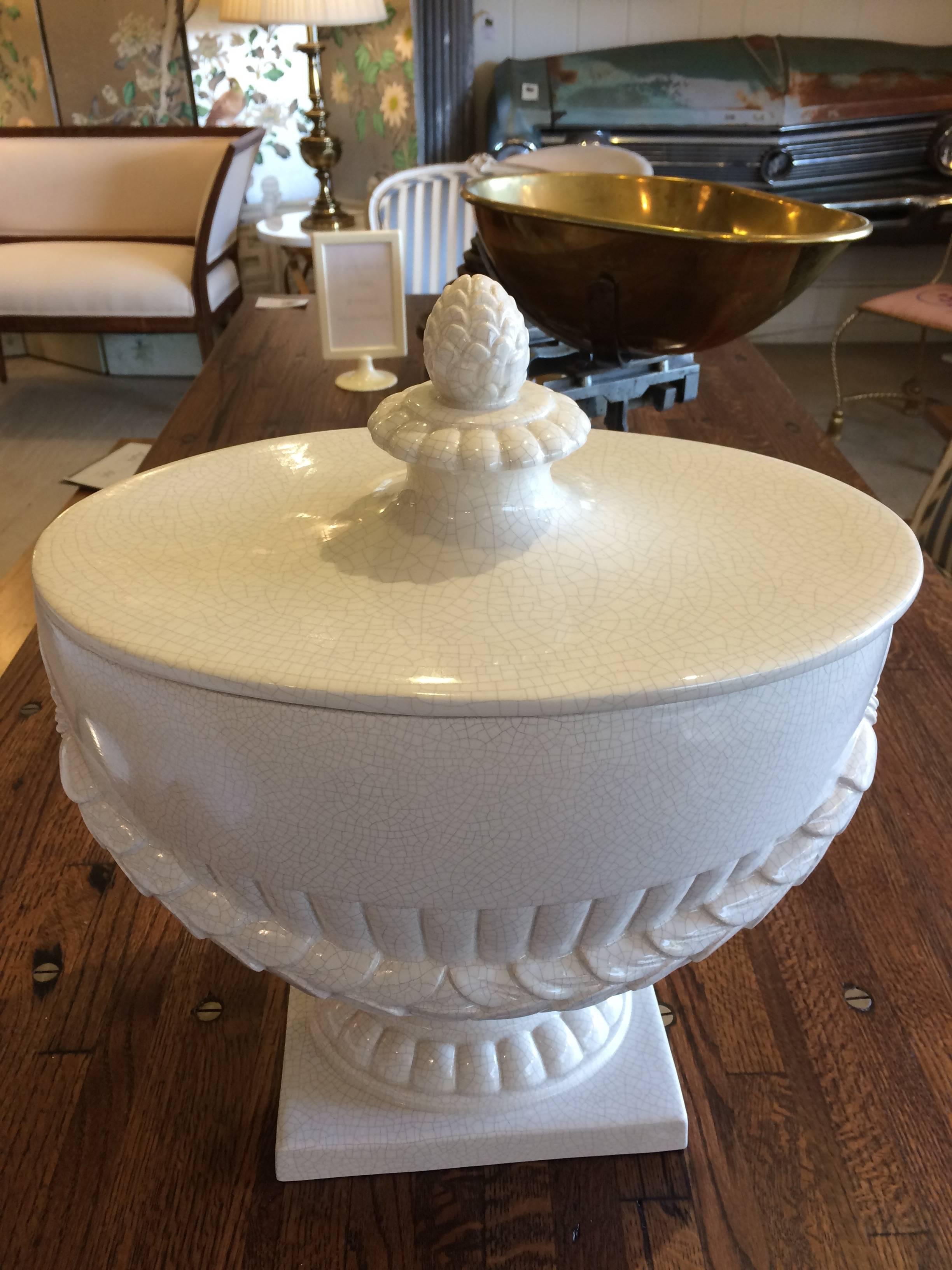 Italian Elegant Pair of Large Neoclassical White Ceramic Lidded Urns