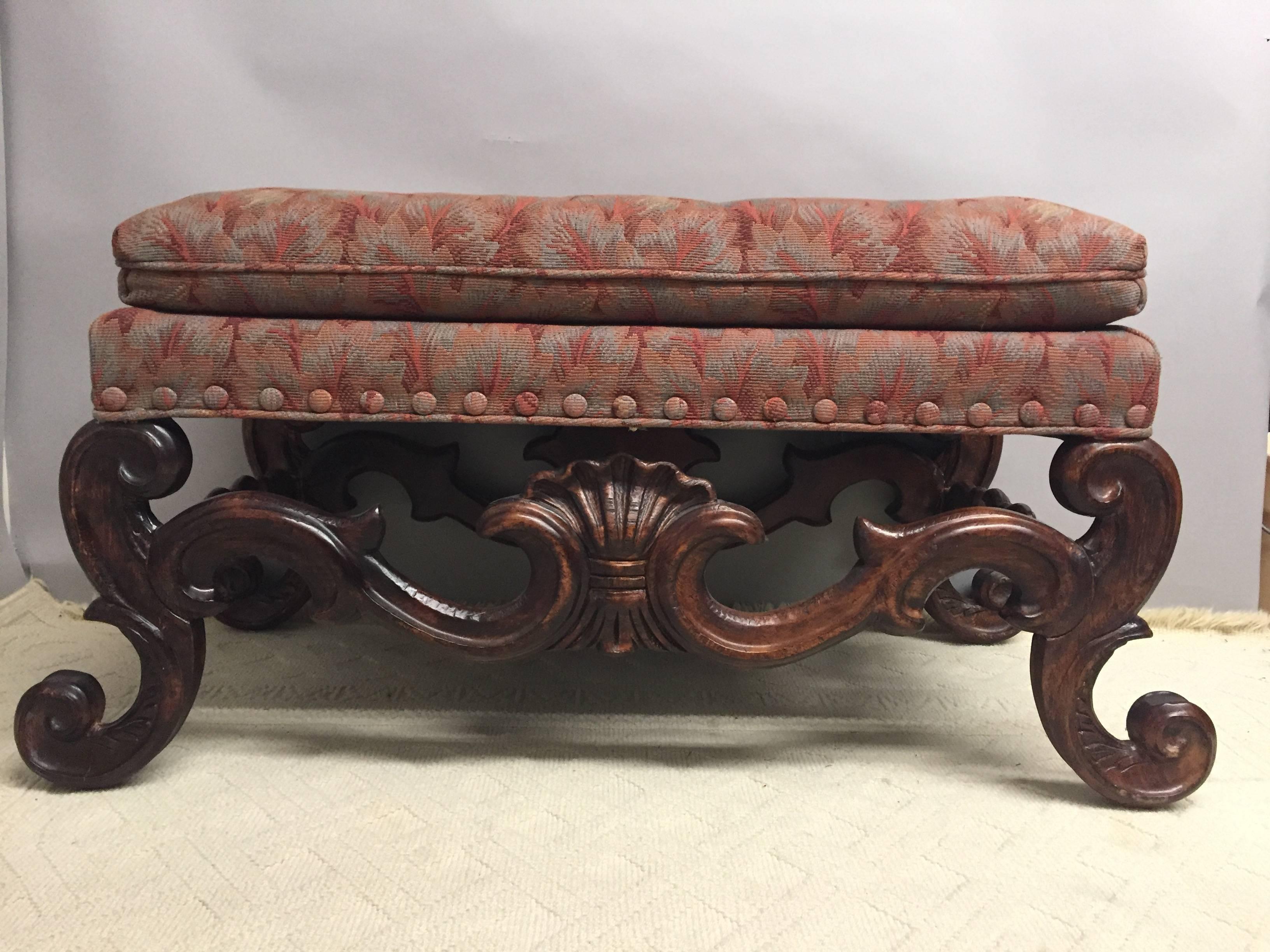 American Regal Baronial Carved Wood and Upholstered Bench by Baker