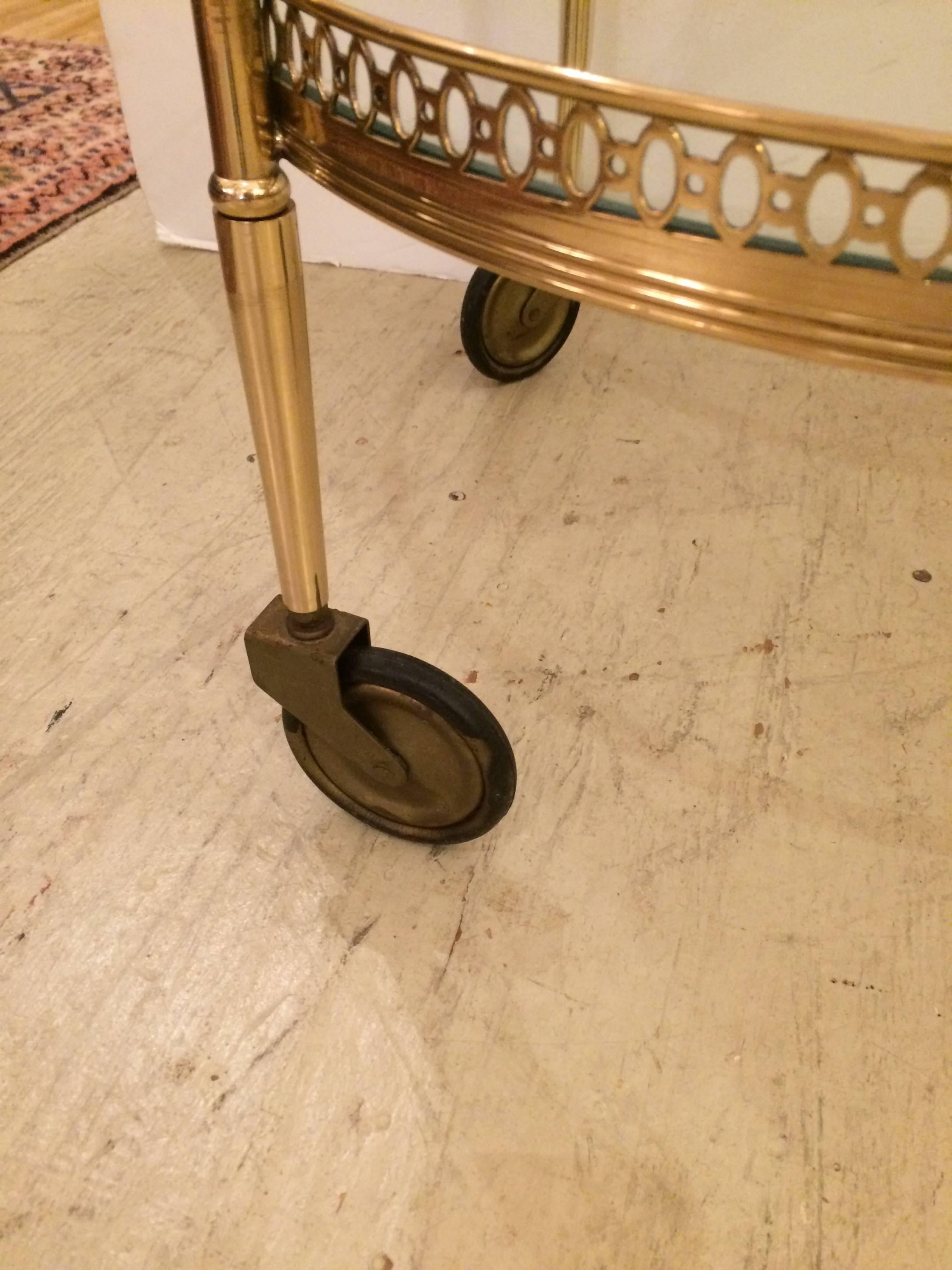Classy Mid-Century Modern Round Brass Two-Tier Bar Cart End Table In Excellent Condition In Hopewell, NJ