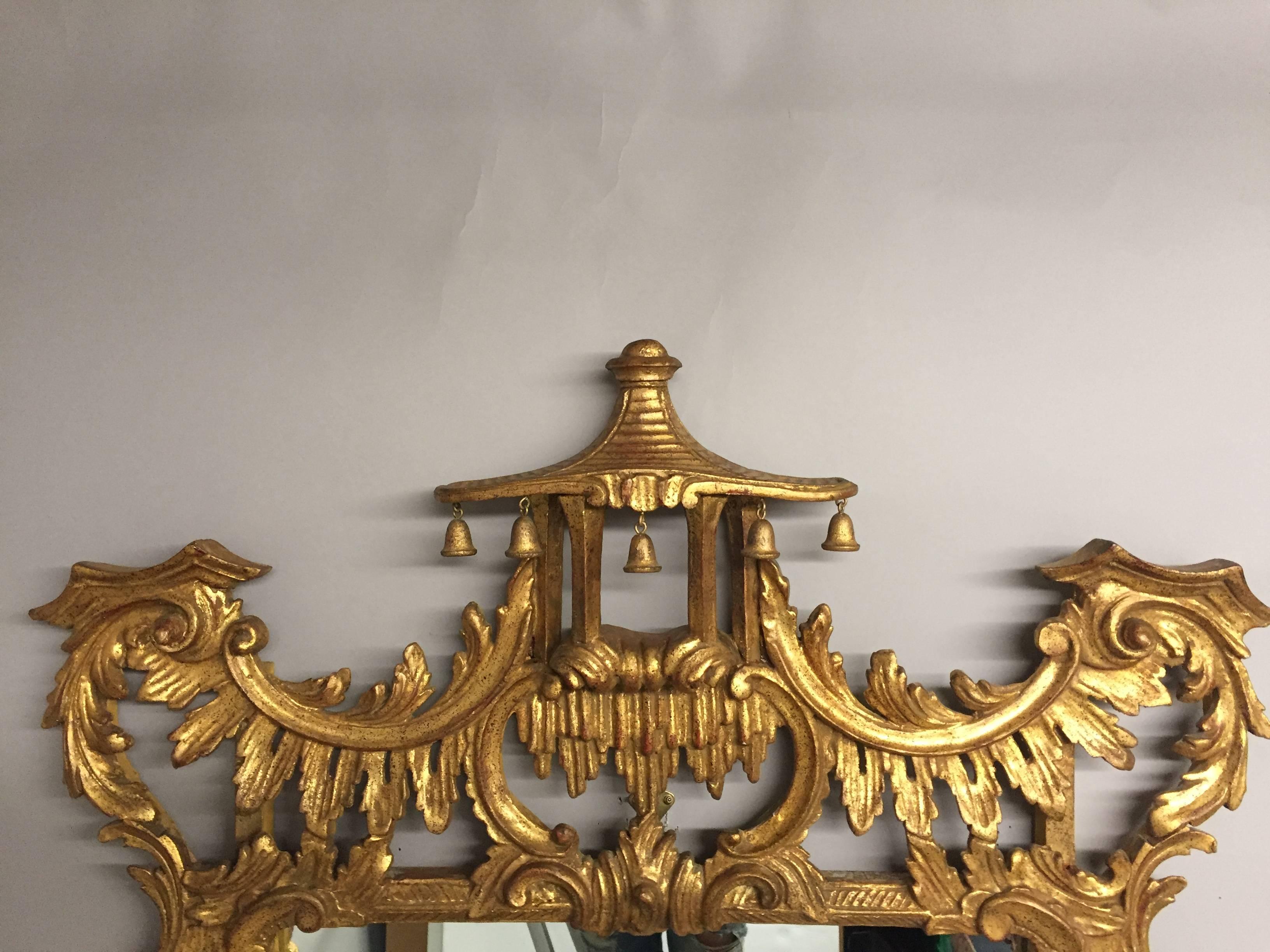 Sensational Carved Italian Giltwood Pagoda Style Mirror In Excellent Condition In Hopewell, NJ