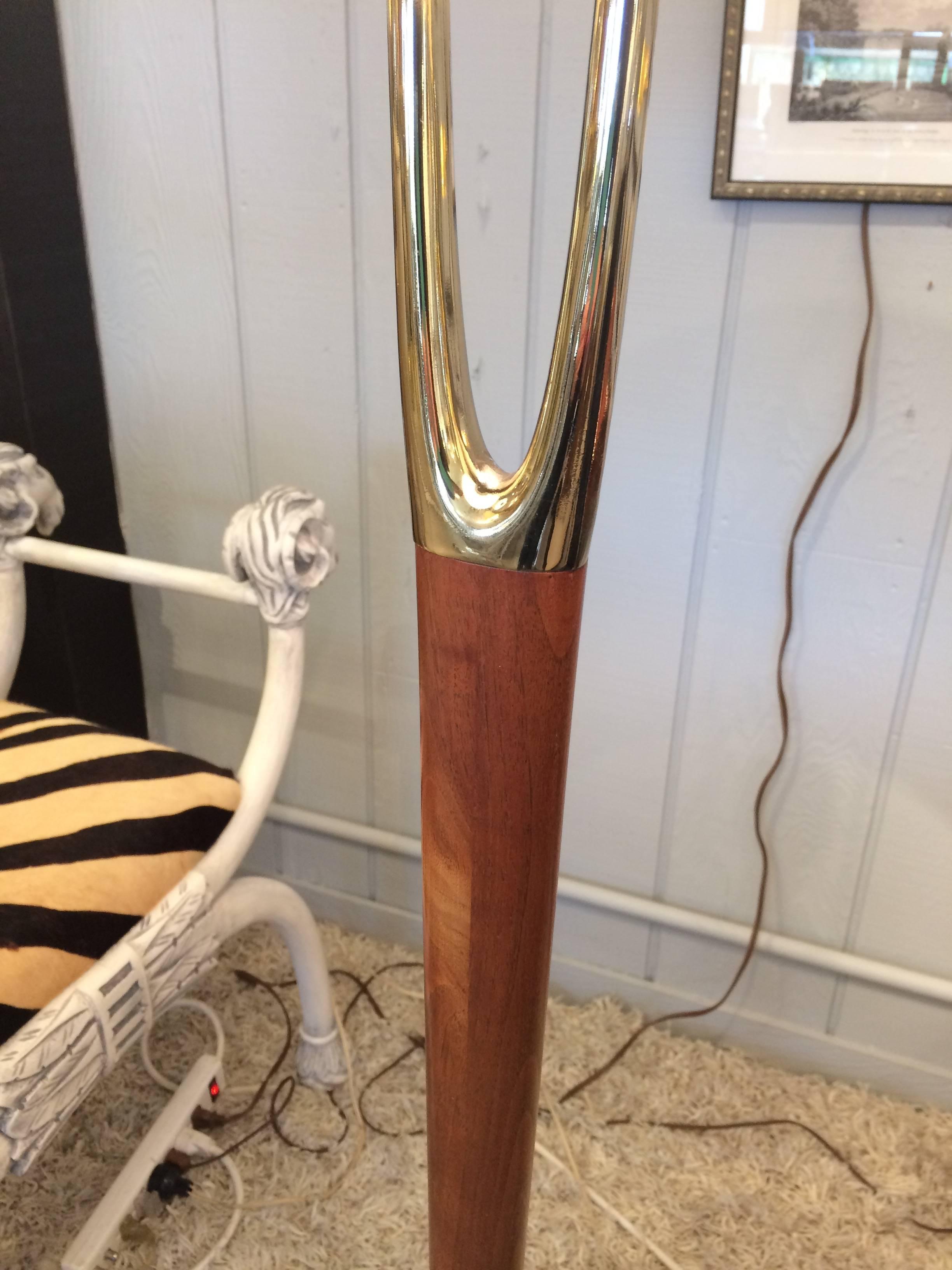Danish Chic Mid-Century Modern Wishbone Style Teak and Brass Floor Lamp
