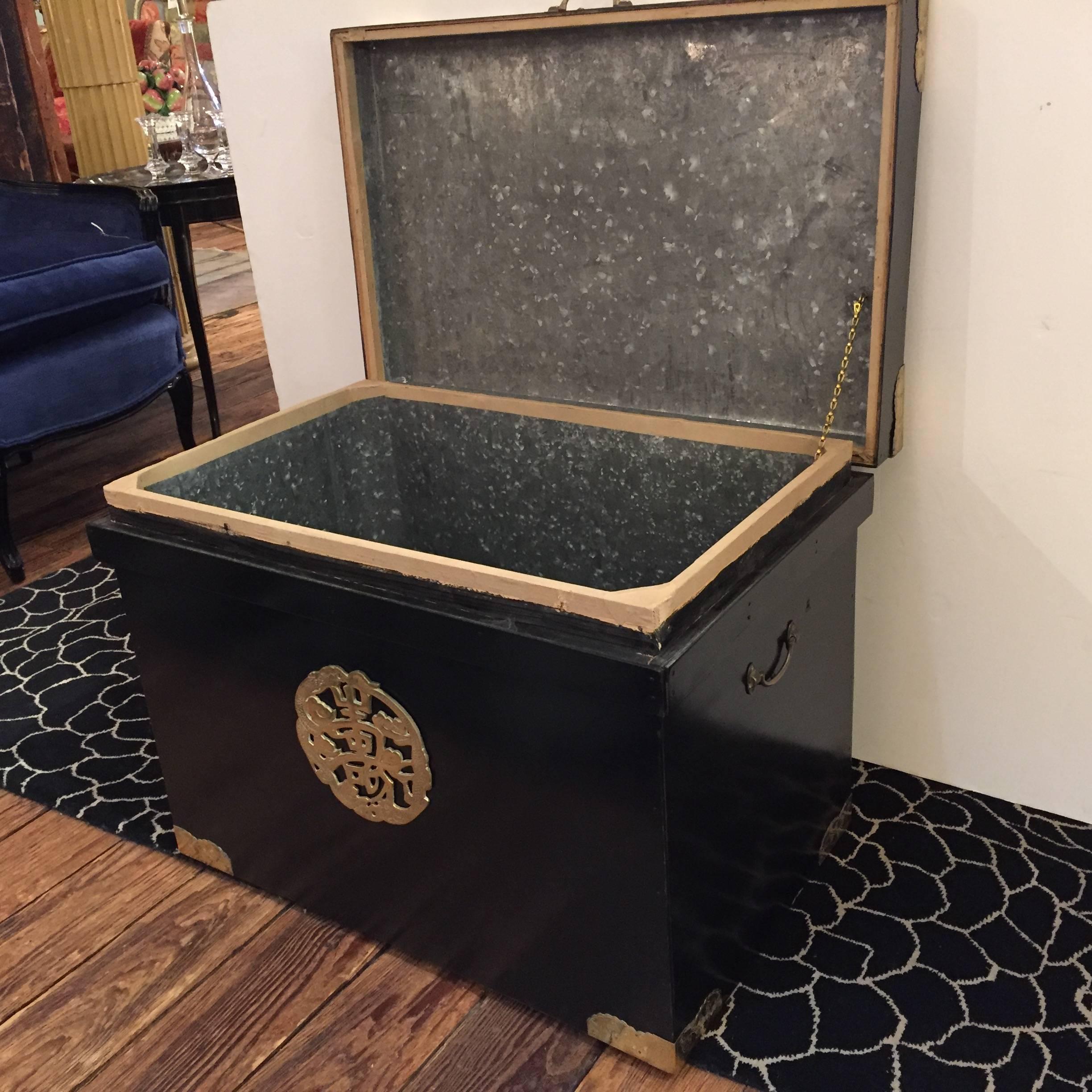 Handsome Ebonized Asian Trunk End Table with Brass Corners In Excellent Condition In Hopewell, NJ