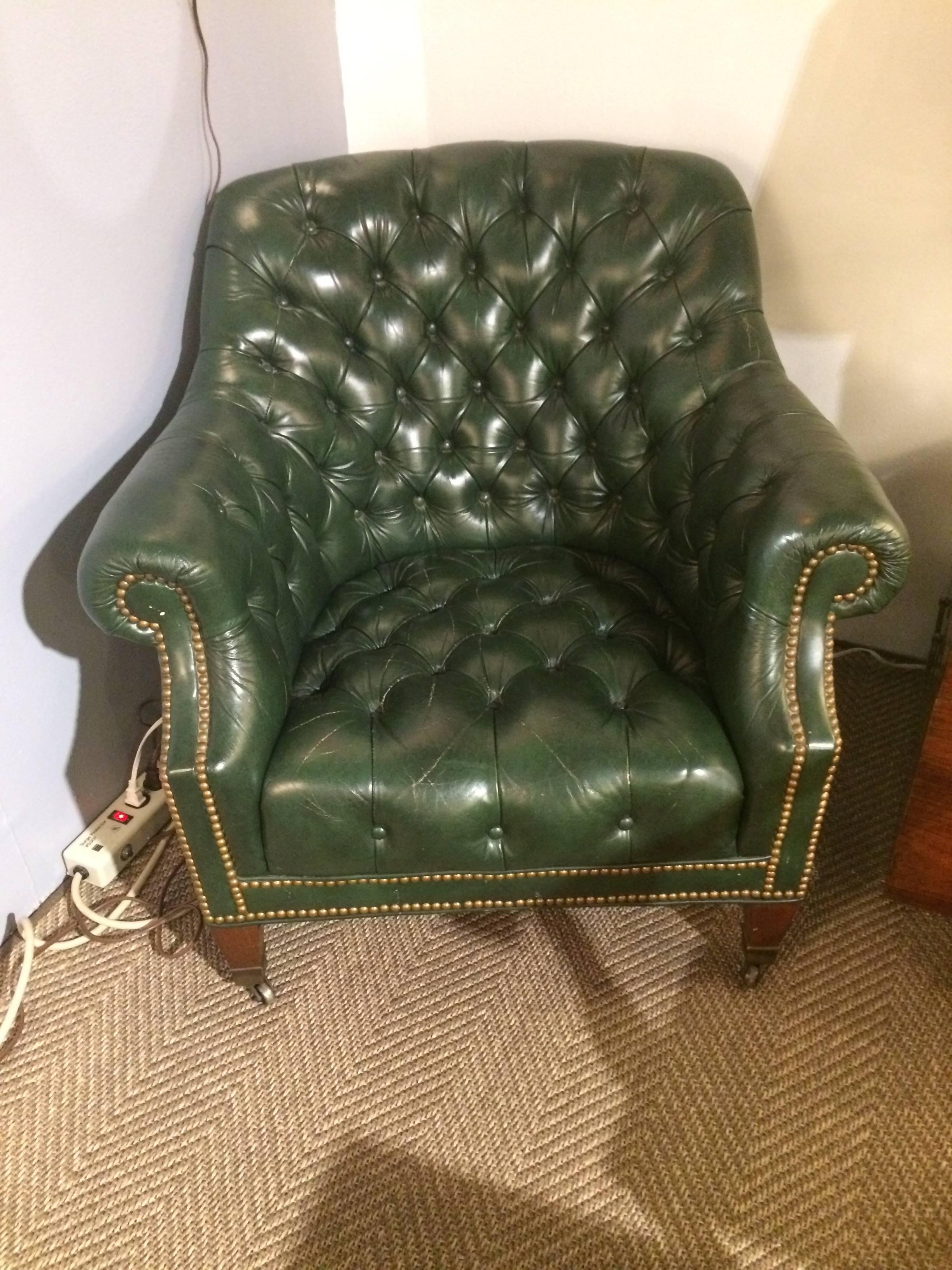 Mid-20th Century Yummy Pair of Dark Green Leather Tufted Club Chairs
