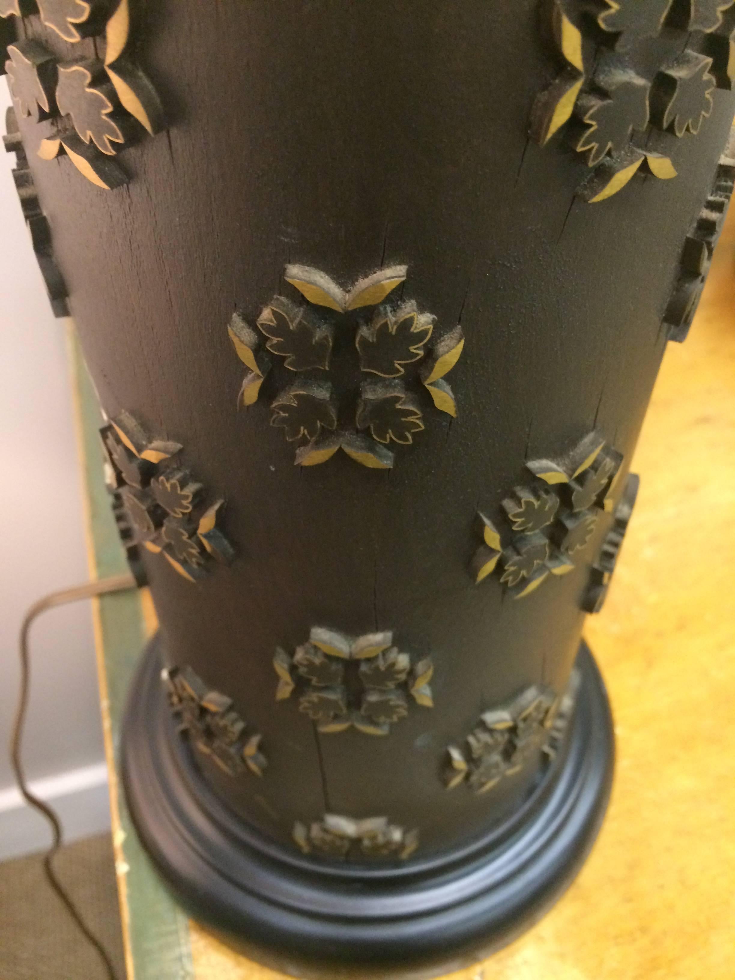 Stunning lamp having a column shaped base made from a wallpaper roller having a dark brown background and decorative raised flowers in a bronze color. Custom shade: W 15” x 11 ¼.