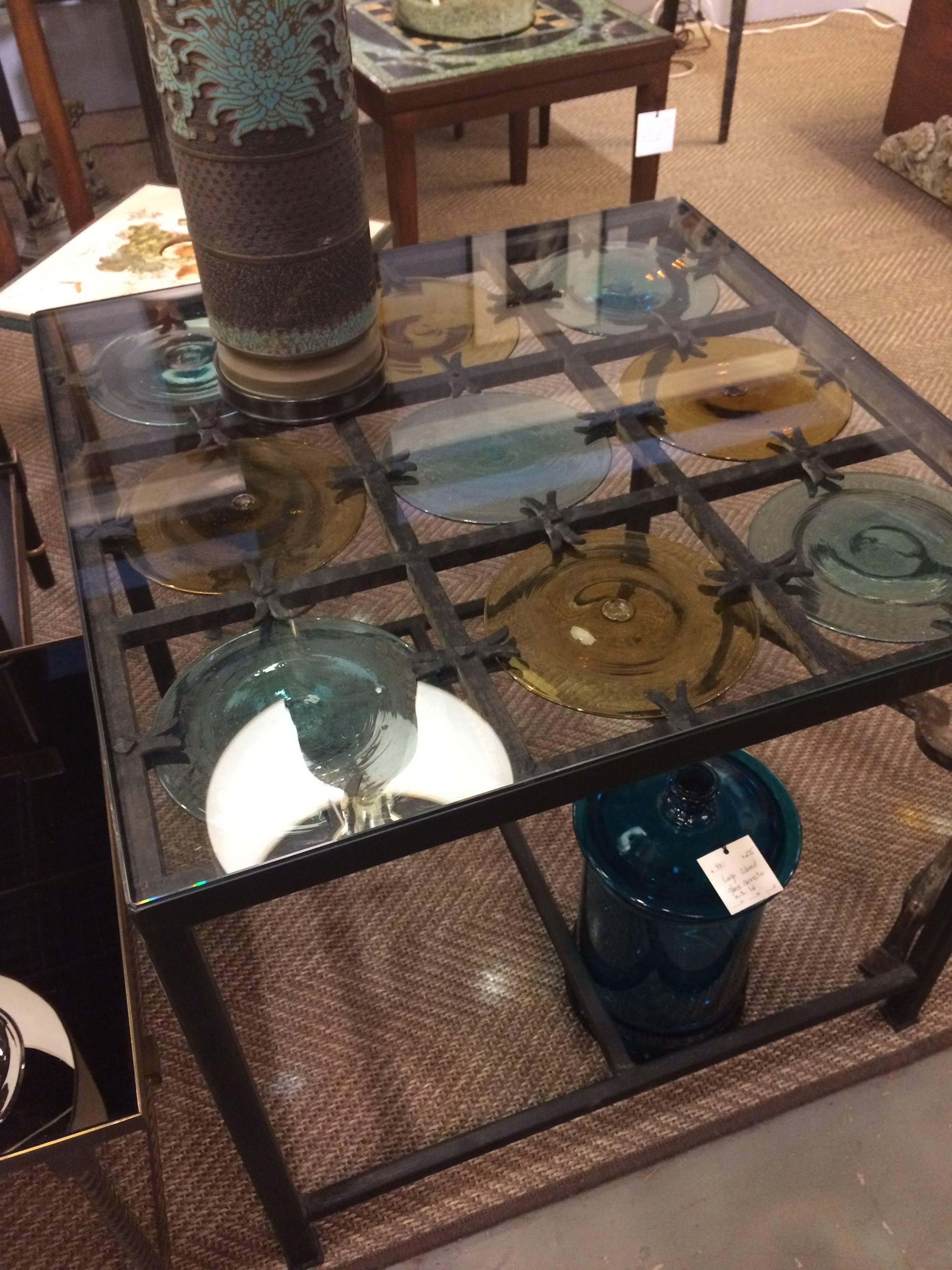 Sensational Pair of Spanish Side Tables with Handblown Glass Discs In Excellent Condition In Hopewell, NJ