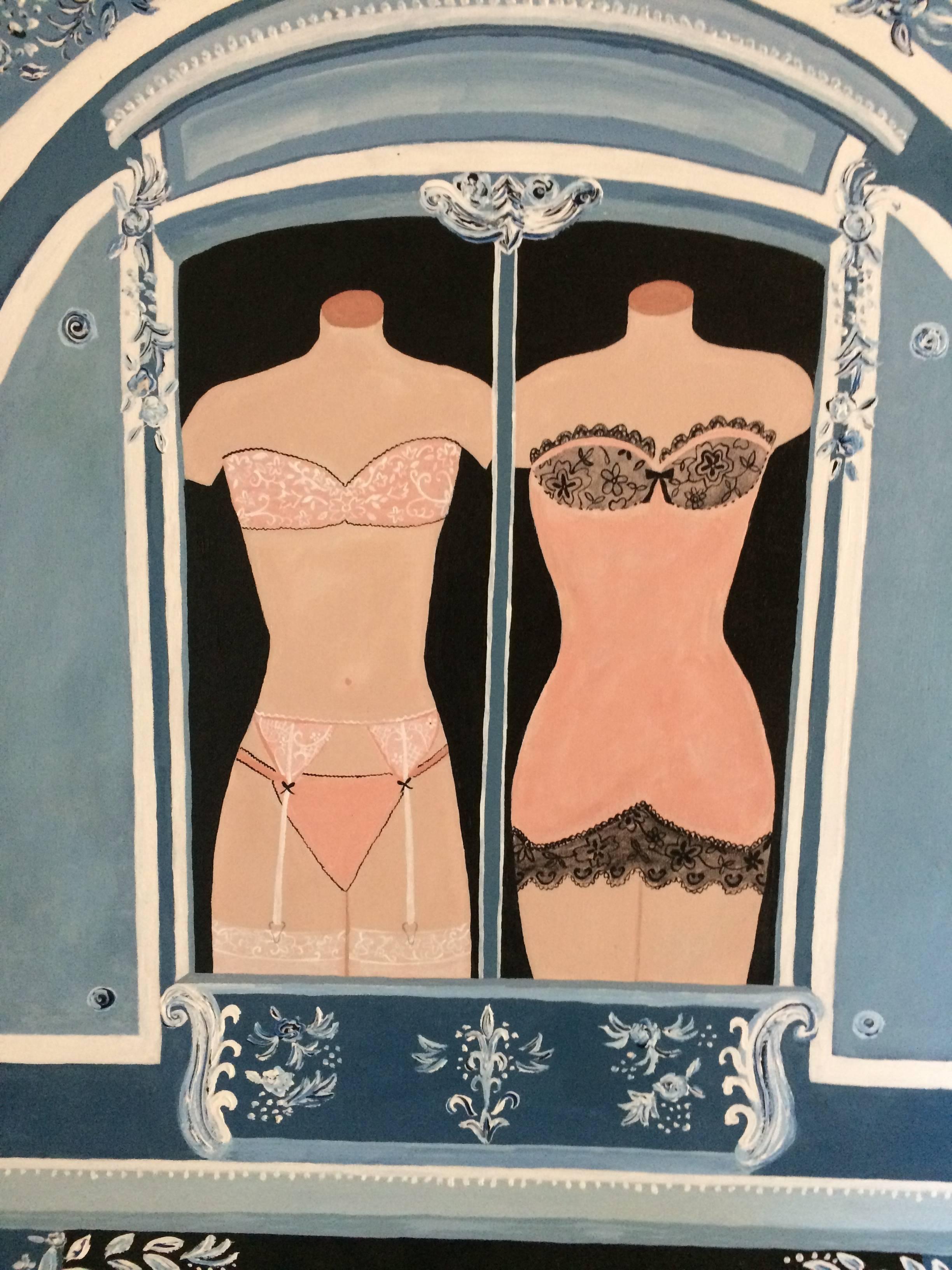 Inspired by Chantall Thomas in Paris, a whimsical romantic original painting on board of sexy women's lingerie in a fancy wedding cake of a building fascade, displayed in a vintage one of a kind gold composite frame.