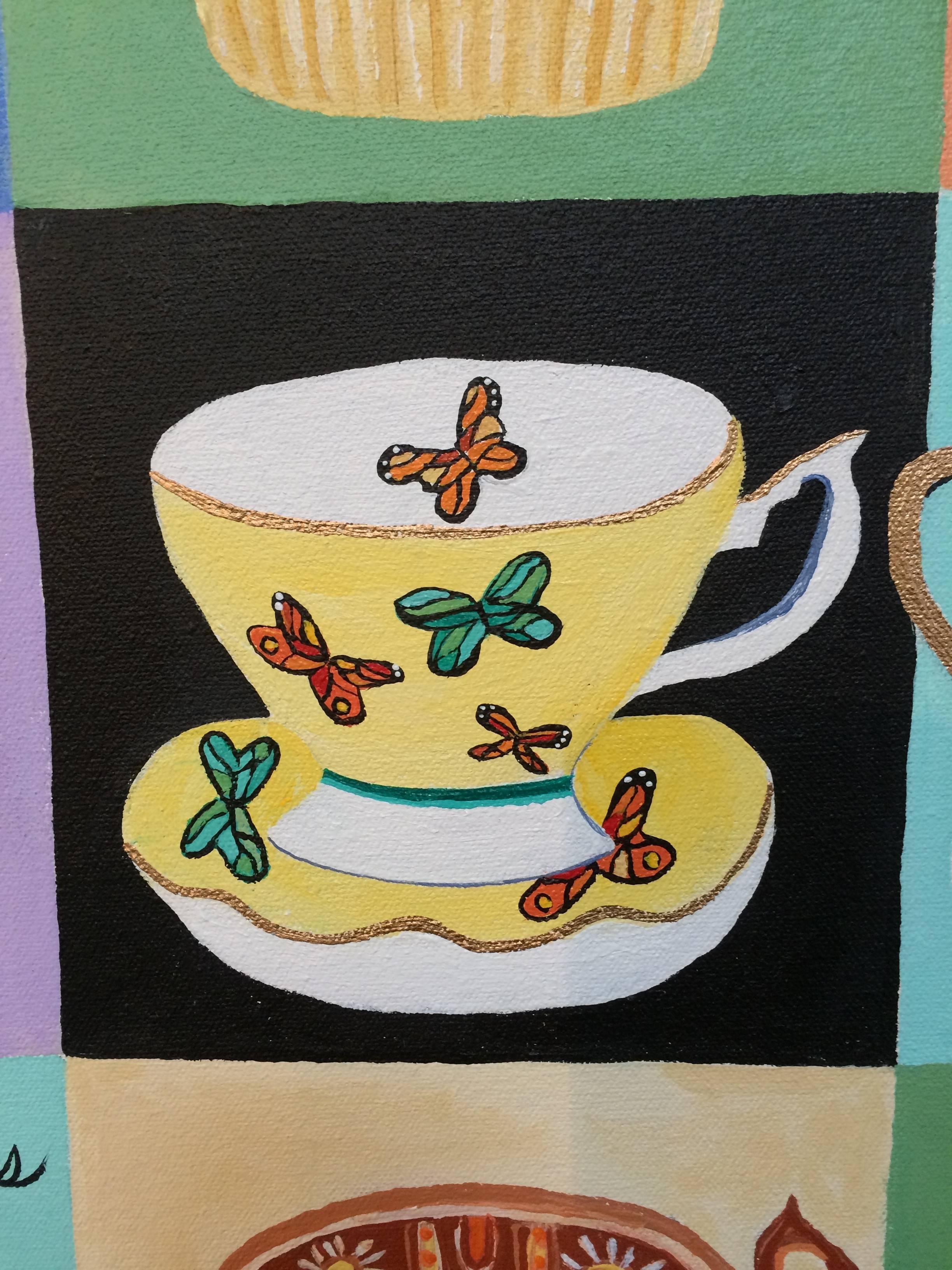 Prolific Princeton artist Fay Sciarra's latest bold and uplifting painting on canvas, a whimsical collection of ice cream colored cupcakes and teacups with clever bits of dictionary definitions and text.