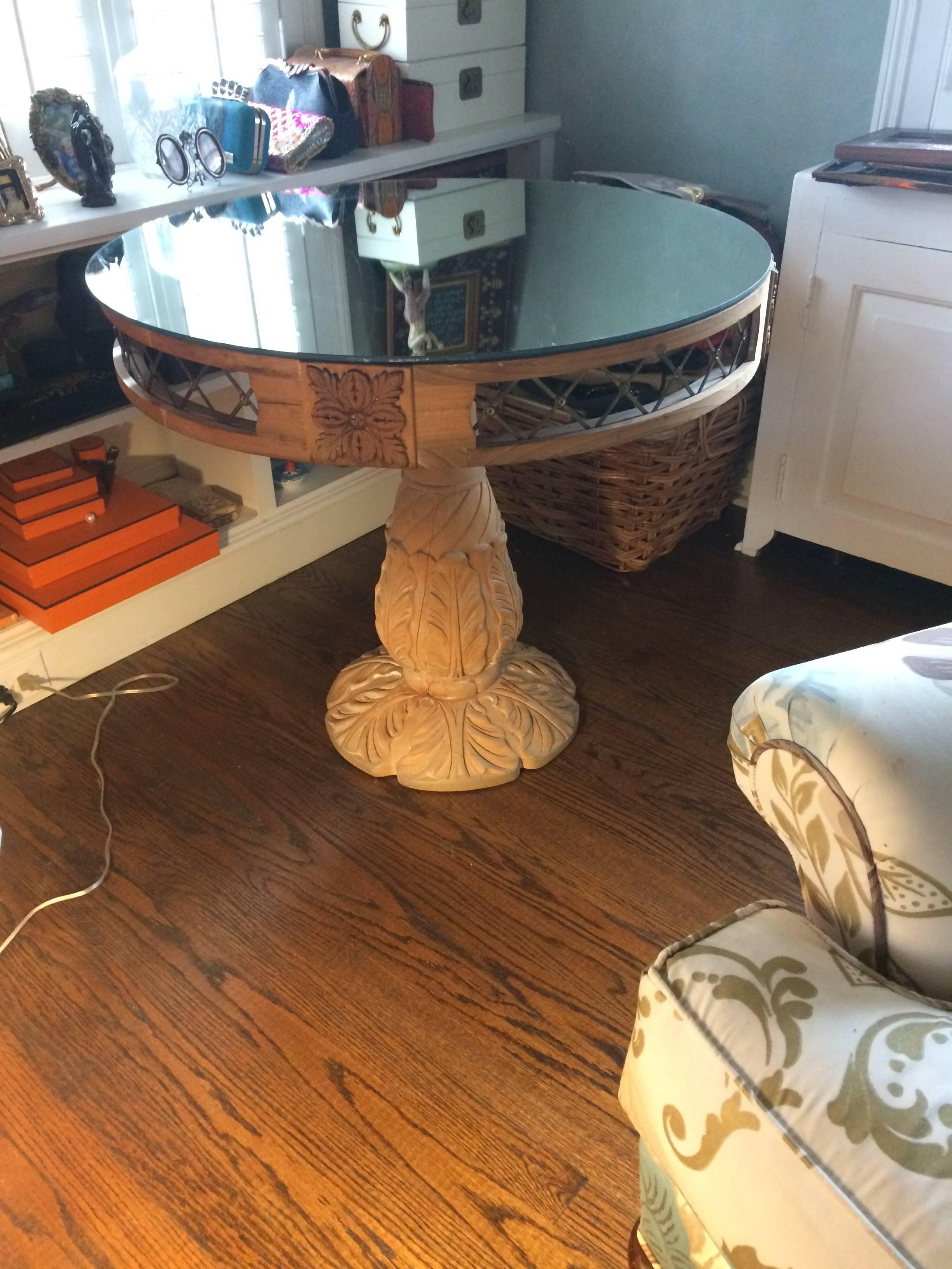 Pretty Rustic Carved Wood French Round Side Table with Mirrored Top 3
