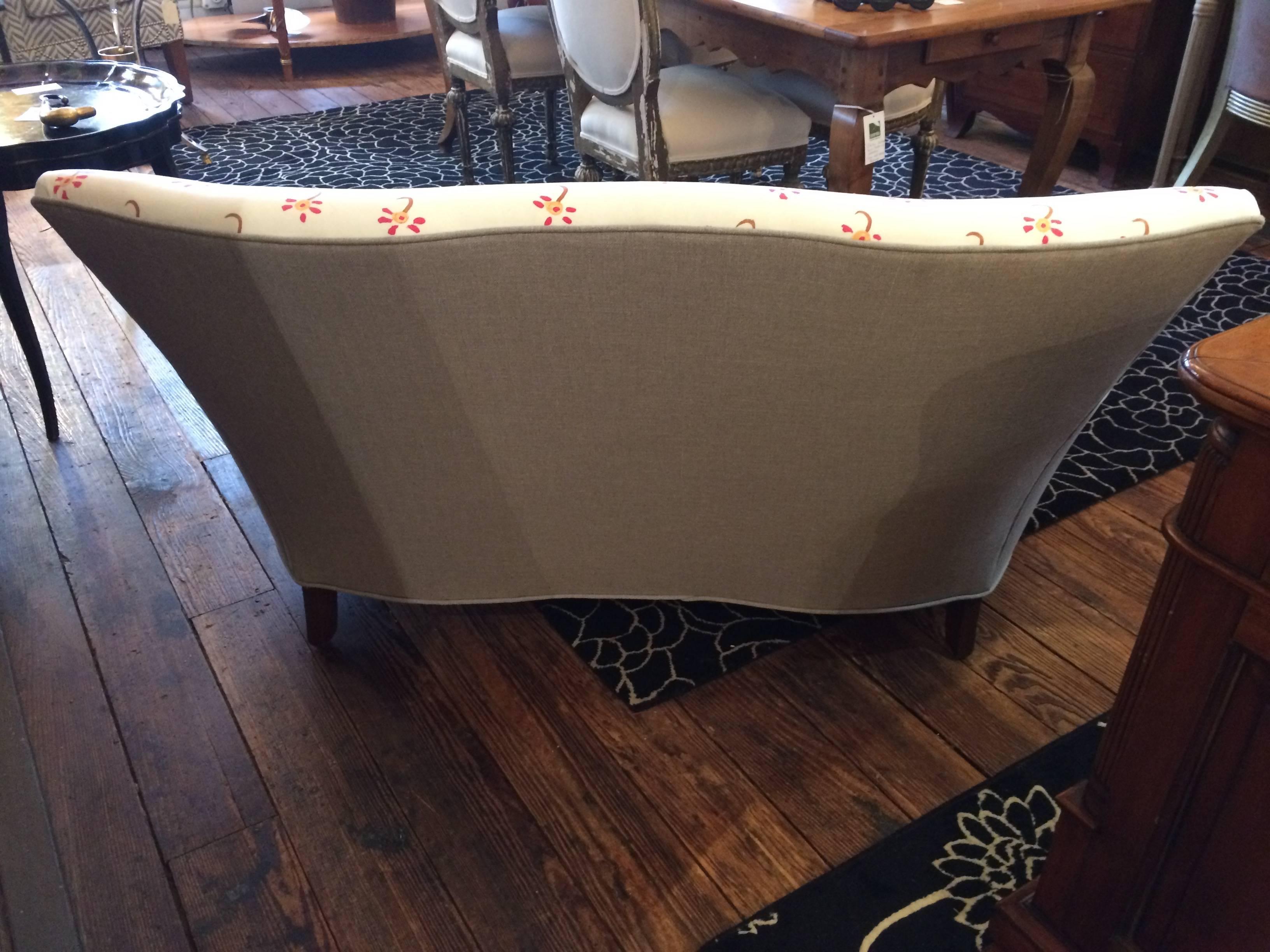 Sublime Vintage Loveseat with Custom Hermes and Gray Linen Upholstery In Excellent Condition In Hopewell, NJ