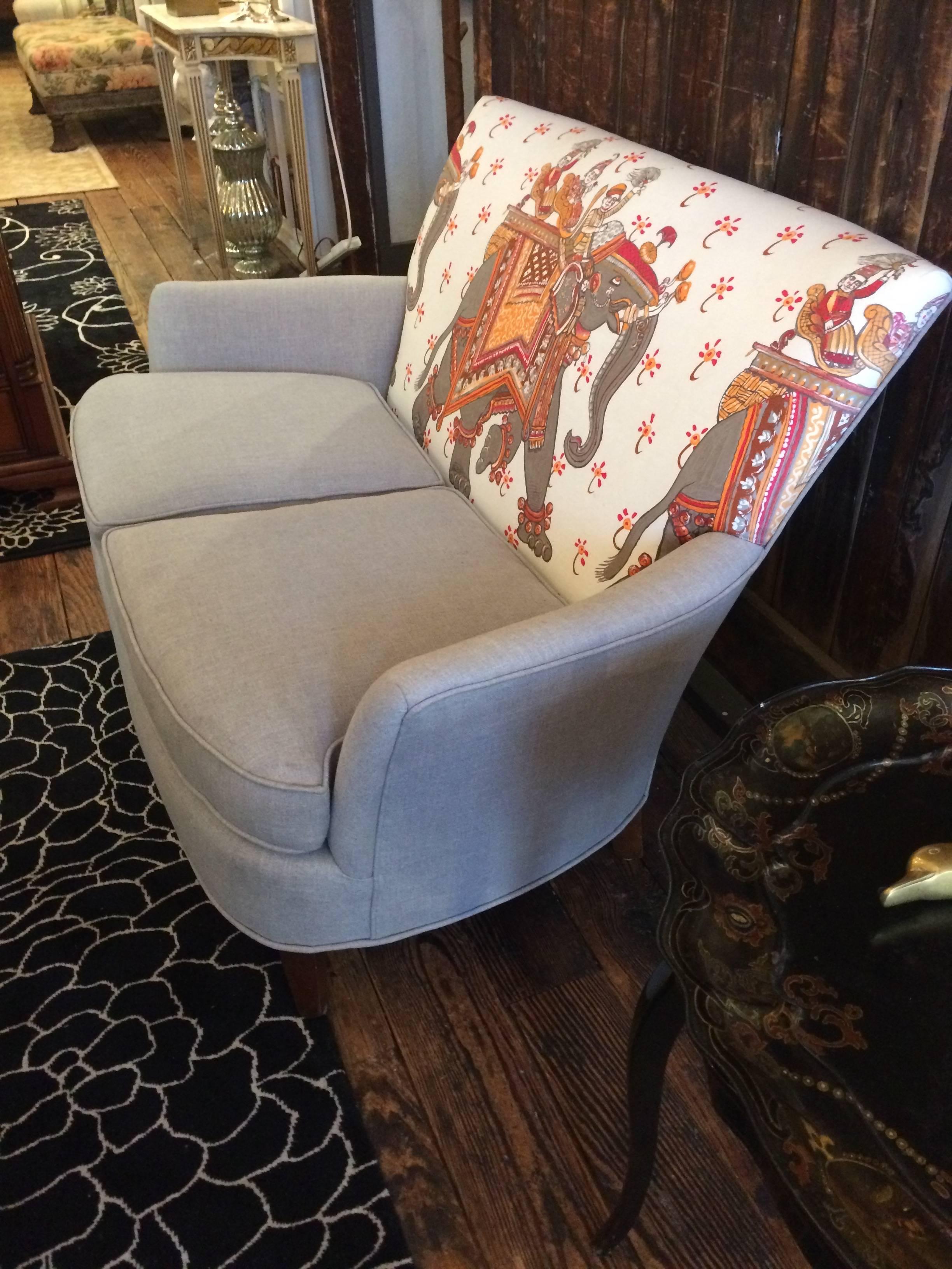 French Sublime Vintage Loveseat with Custom Hermes and Gray Linen Upholstery