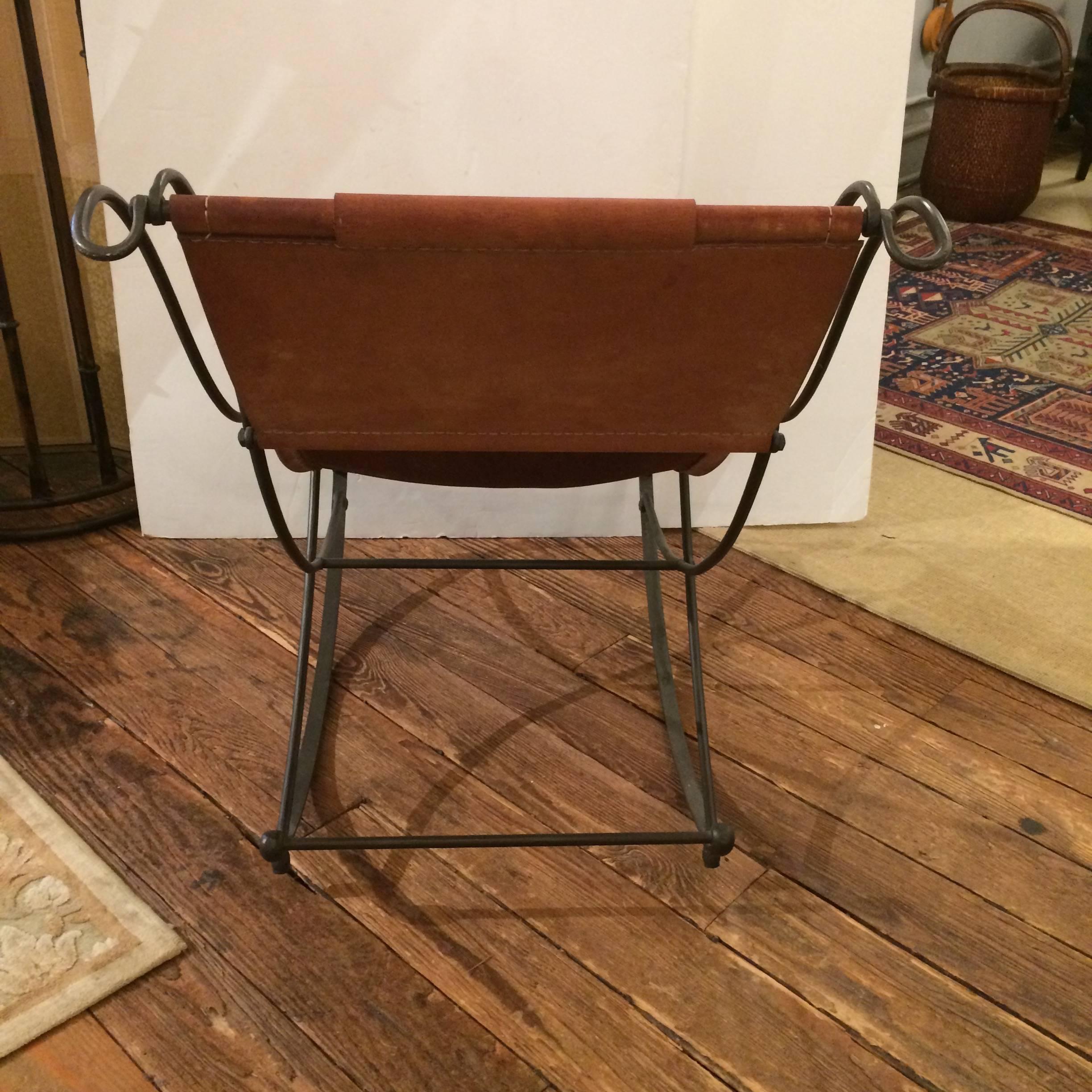 Super Cool Sling Back Distressed Leather and Iron Rocking Chair In Distressed Condition In Hopewell, NJ
