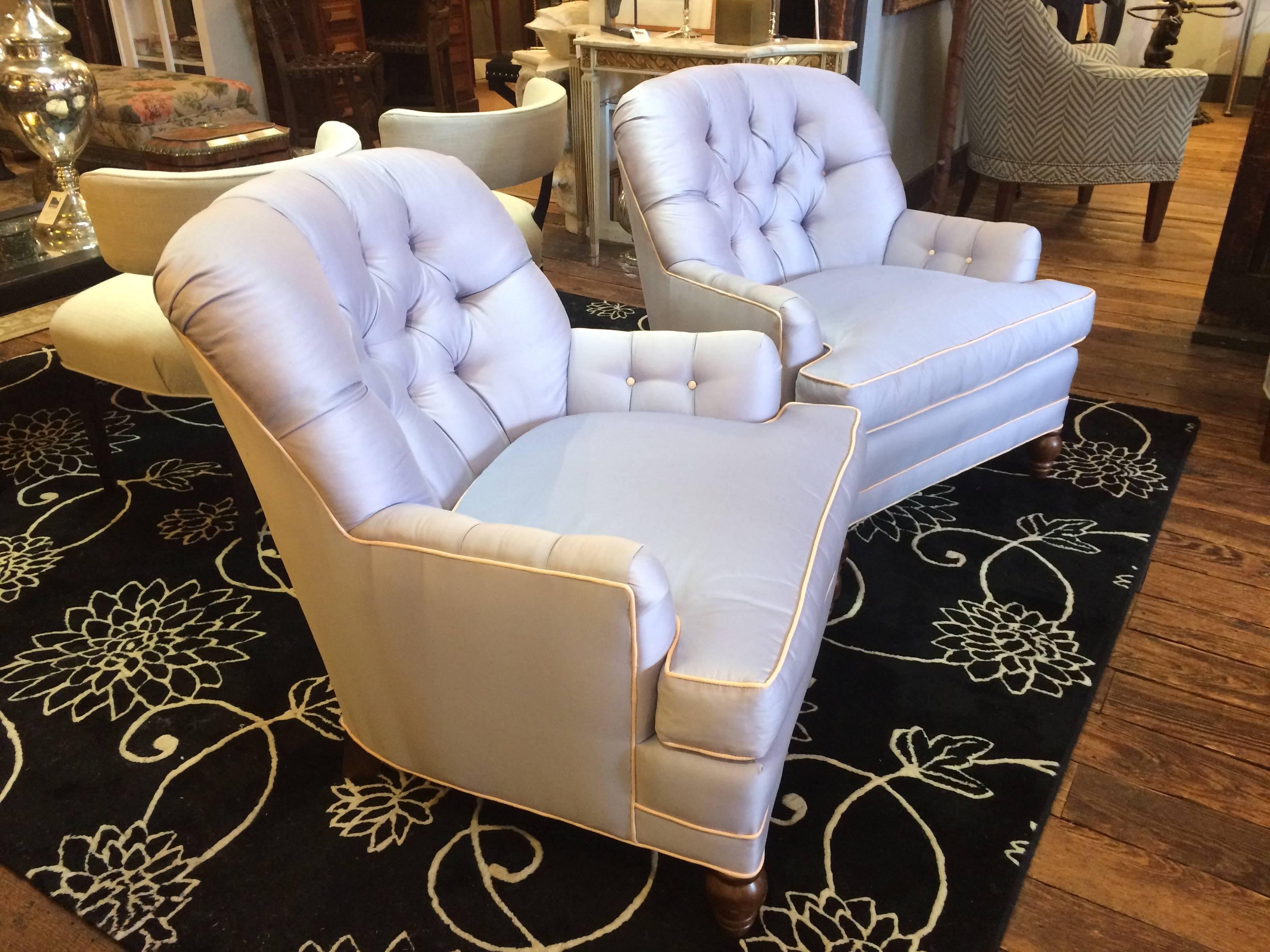 Luxurious Tufted Club Chairs in a Heavenly Light Blue In Excellent Condition In Hopewell, NJ
