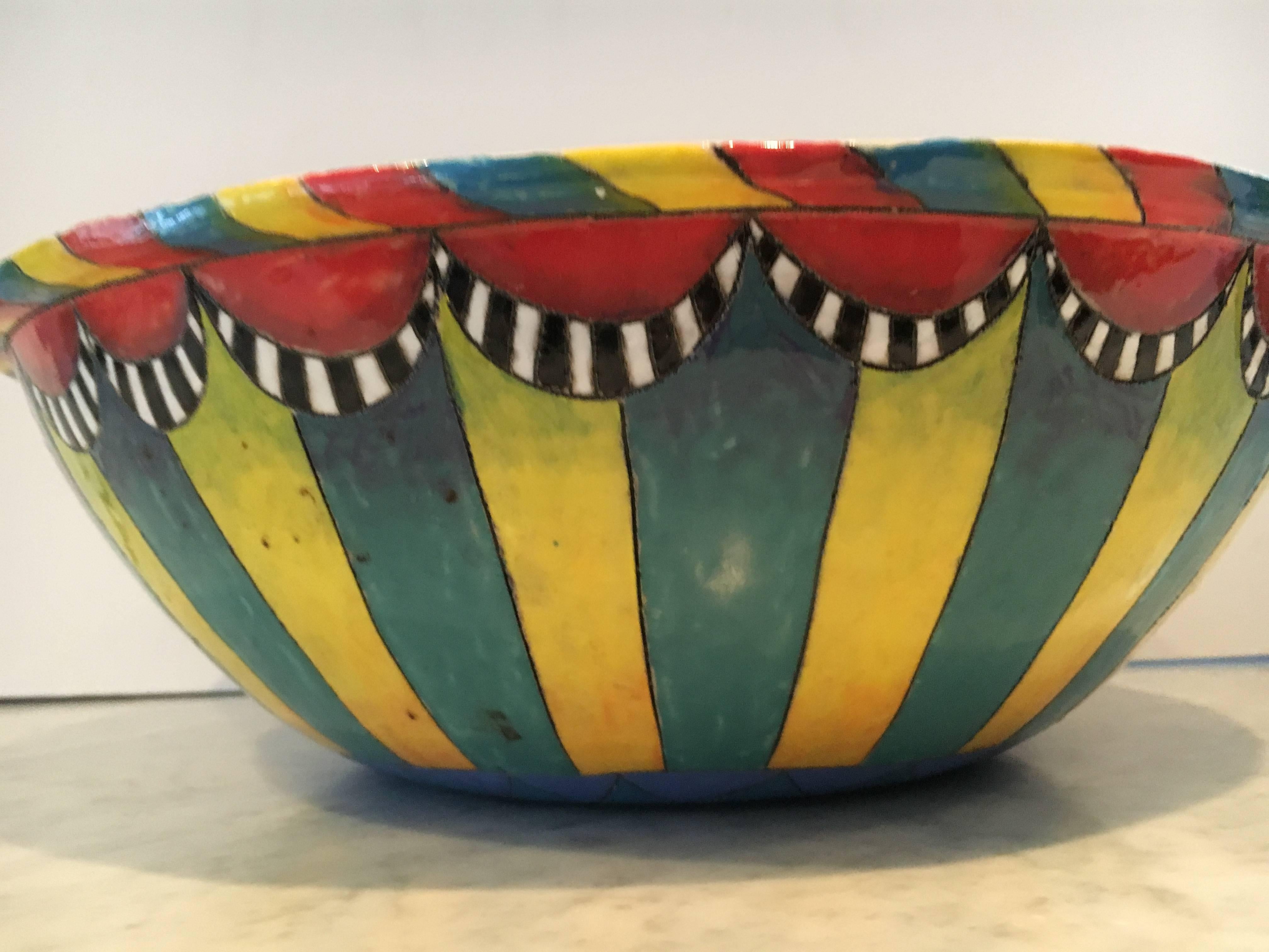 Wonderfully whimsical piece of pottery depicting a lively circus theme in brilliant colors. Detailed painting on both the inside and outside. A true collector's piece, USA, 1930s.